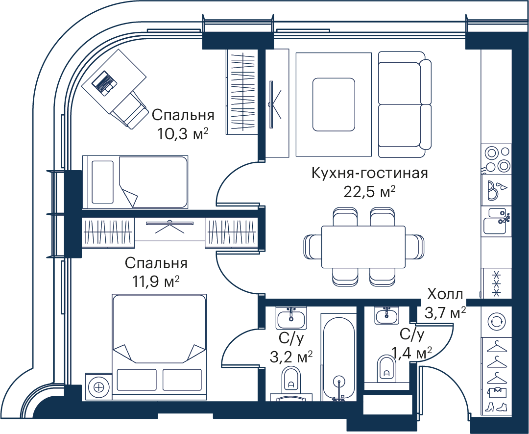 2 комн. квартира, 53 м², 37 этаж 