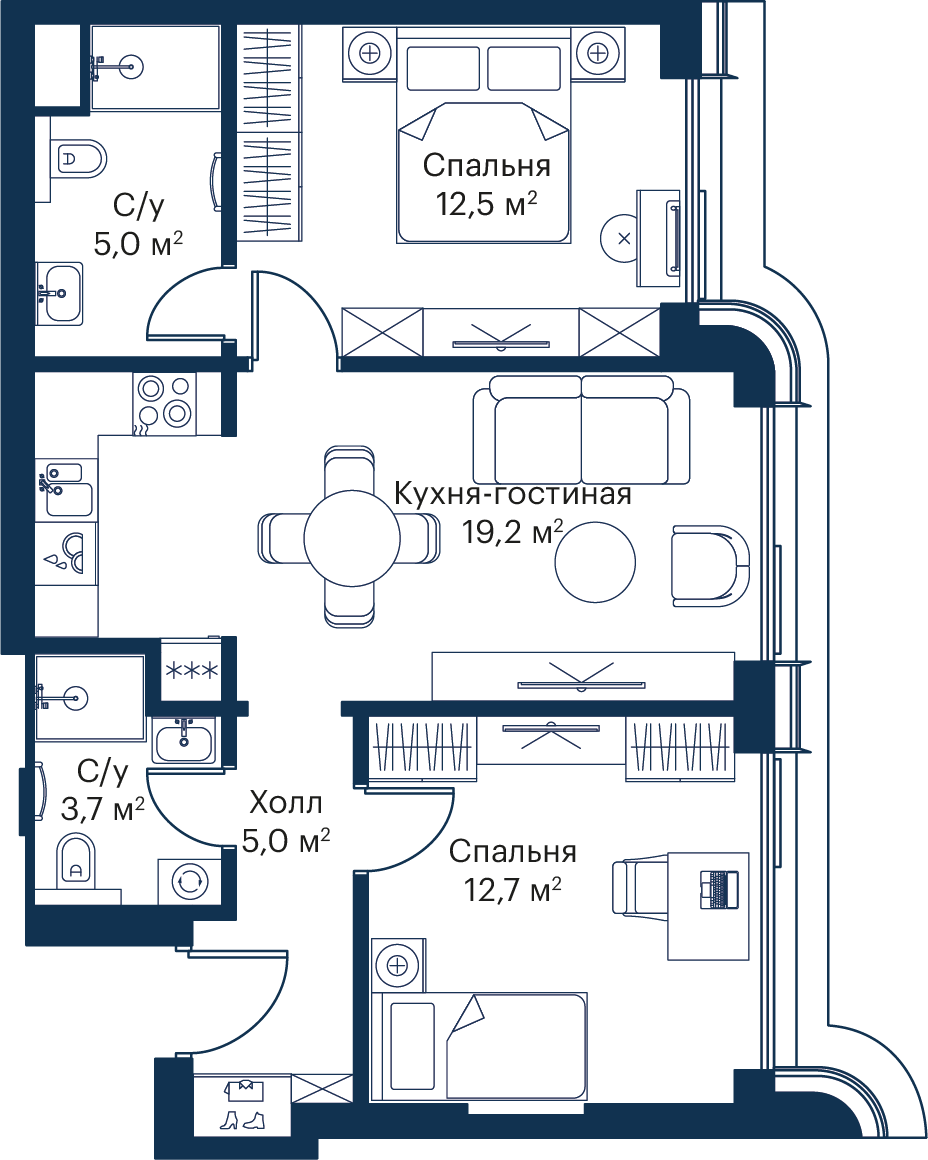2 комн. квартира, 58.1 м², 17 этаж 