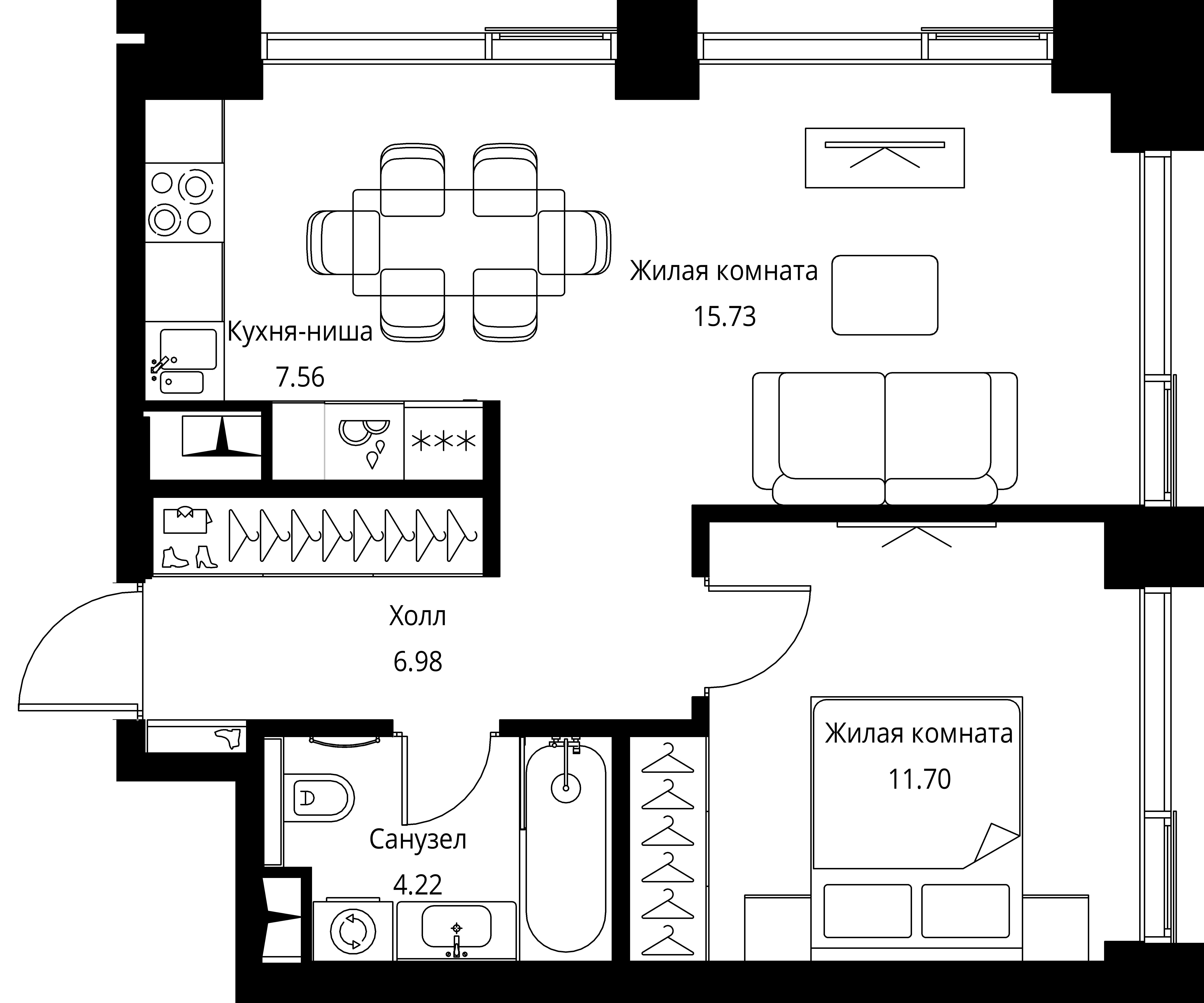 1 комн. квартира, 46.2 м², 2 этаж 