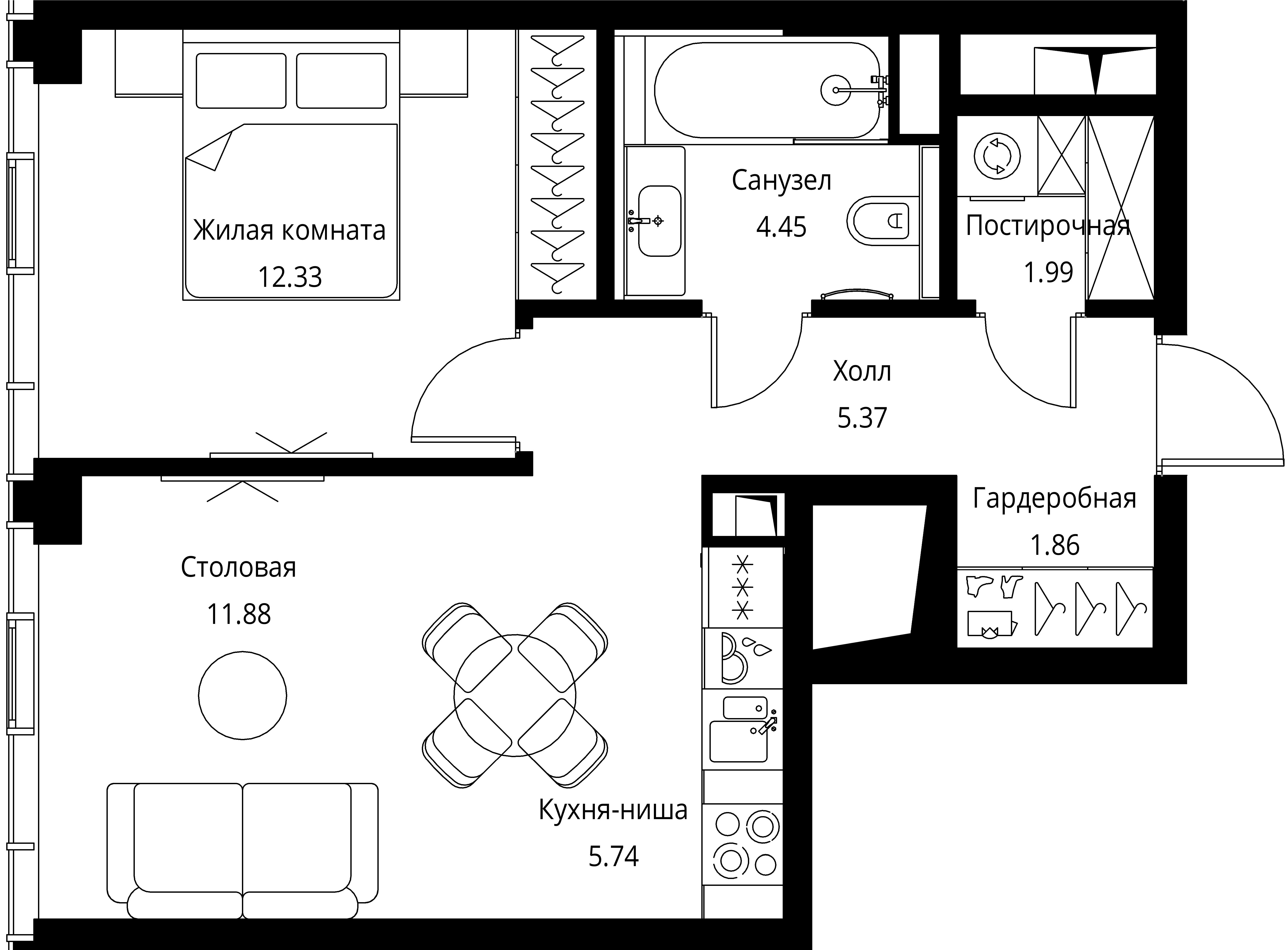 1 комн. квартира, 43.6 м², 33 этаж 