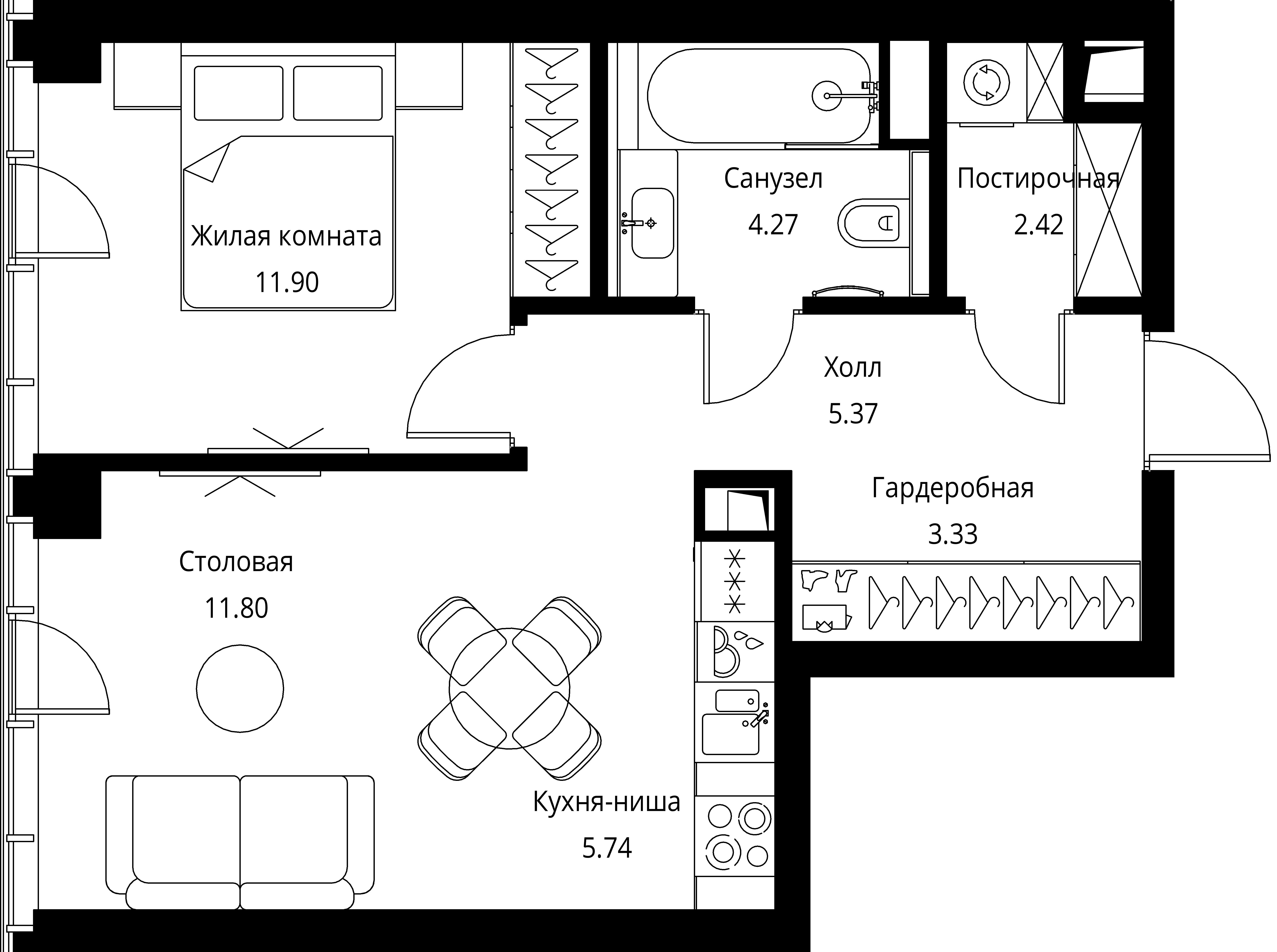 1 комн. квартира, 44.8 м², 12 этаж 