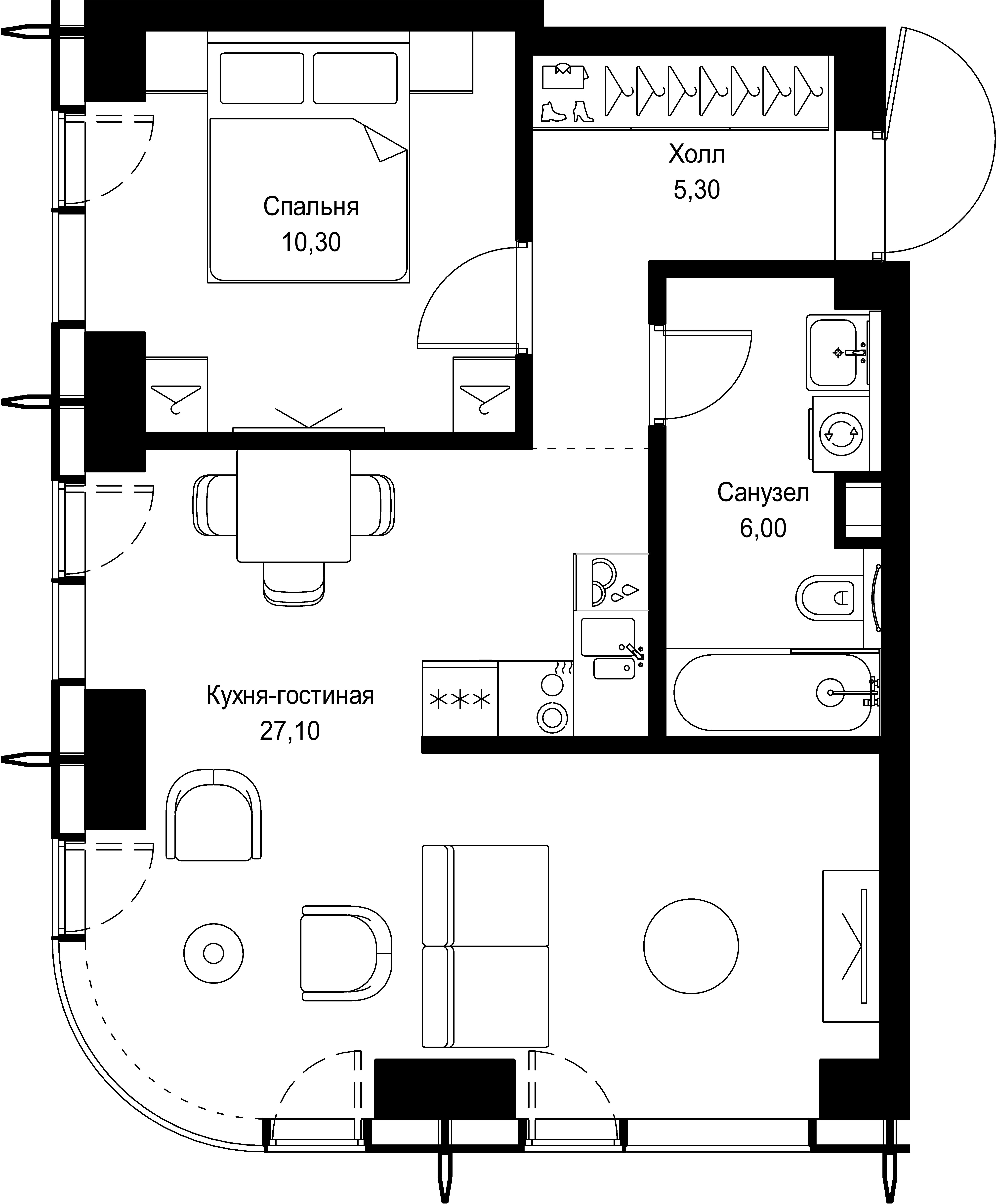 1 комн. квартира, 48.7 м², 24 этаж 