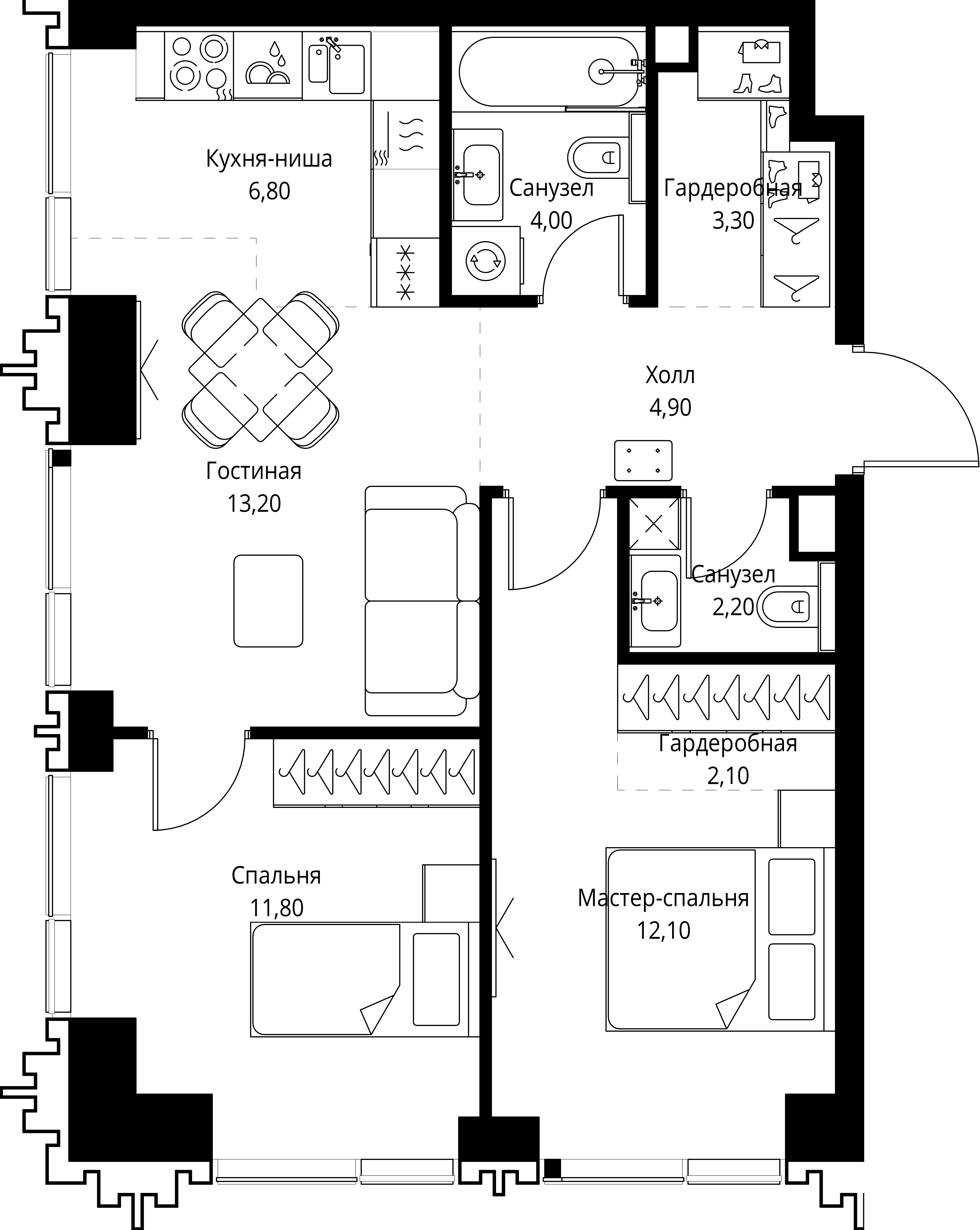 2 комн. квартира, 59.4 м², 25 этаж 