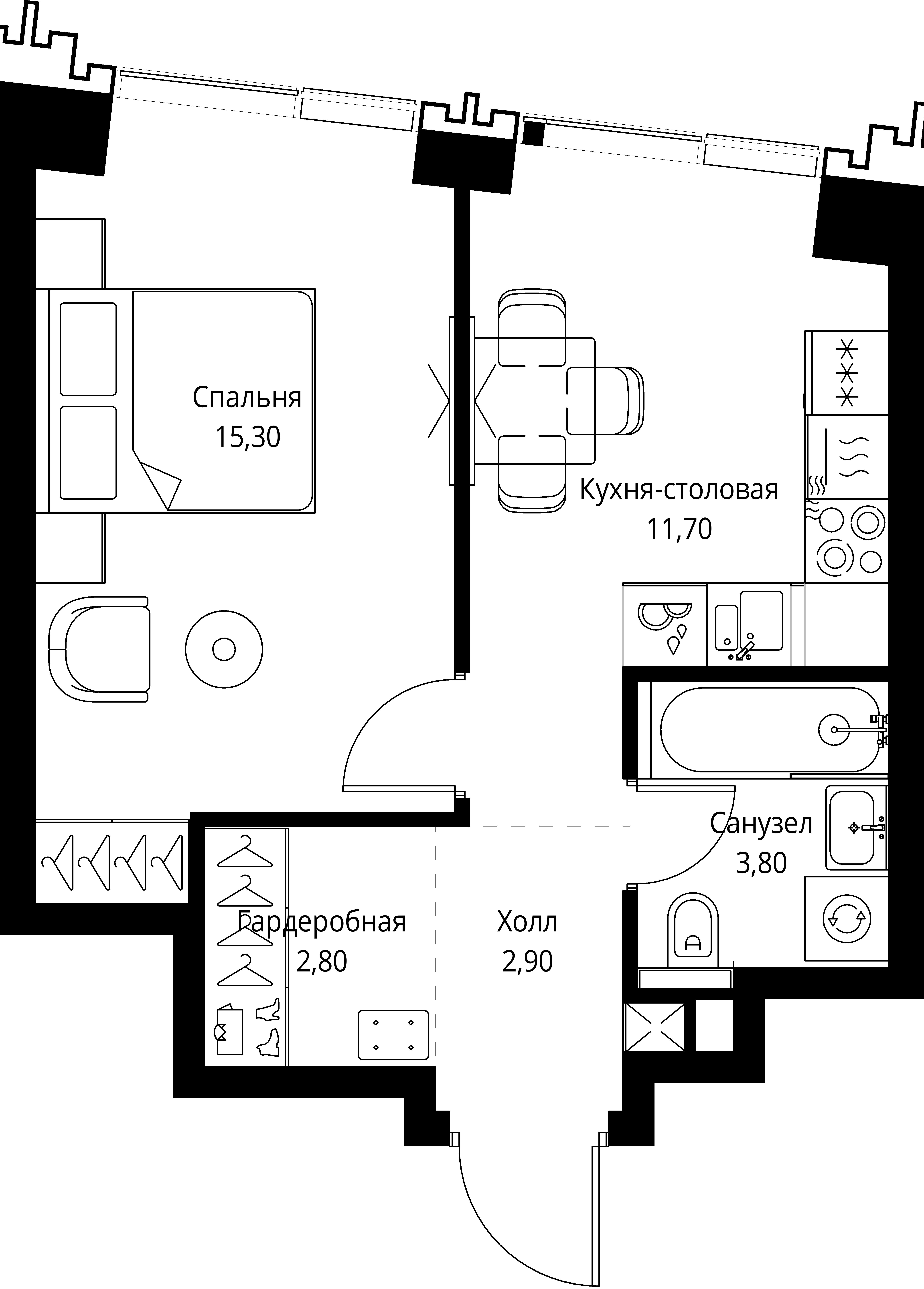 1 комн. квартира, 36.7 м², 24 этаж 