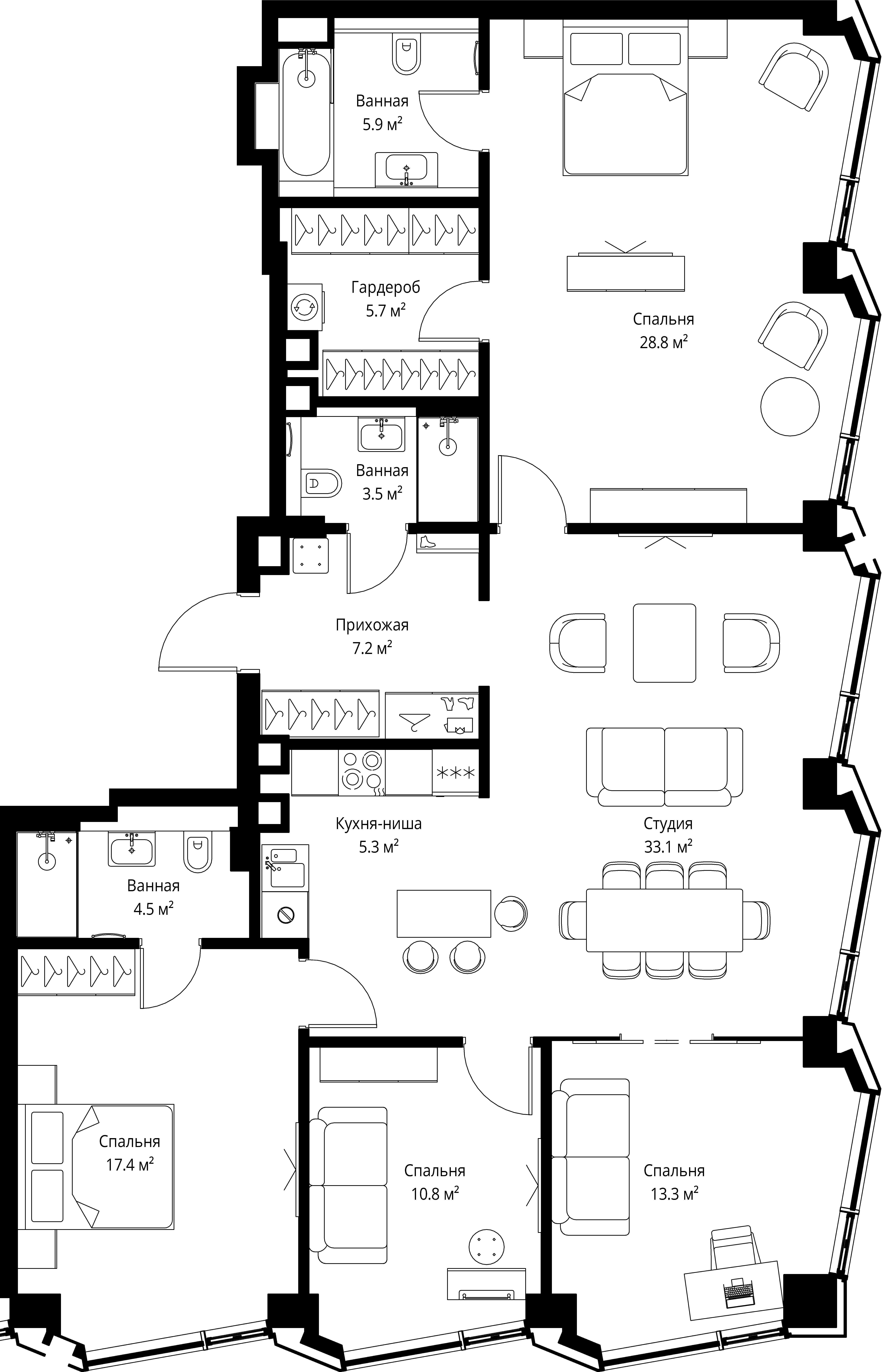 4 комн. квартира, 135.5 м², 49 этаж 