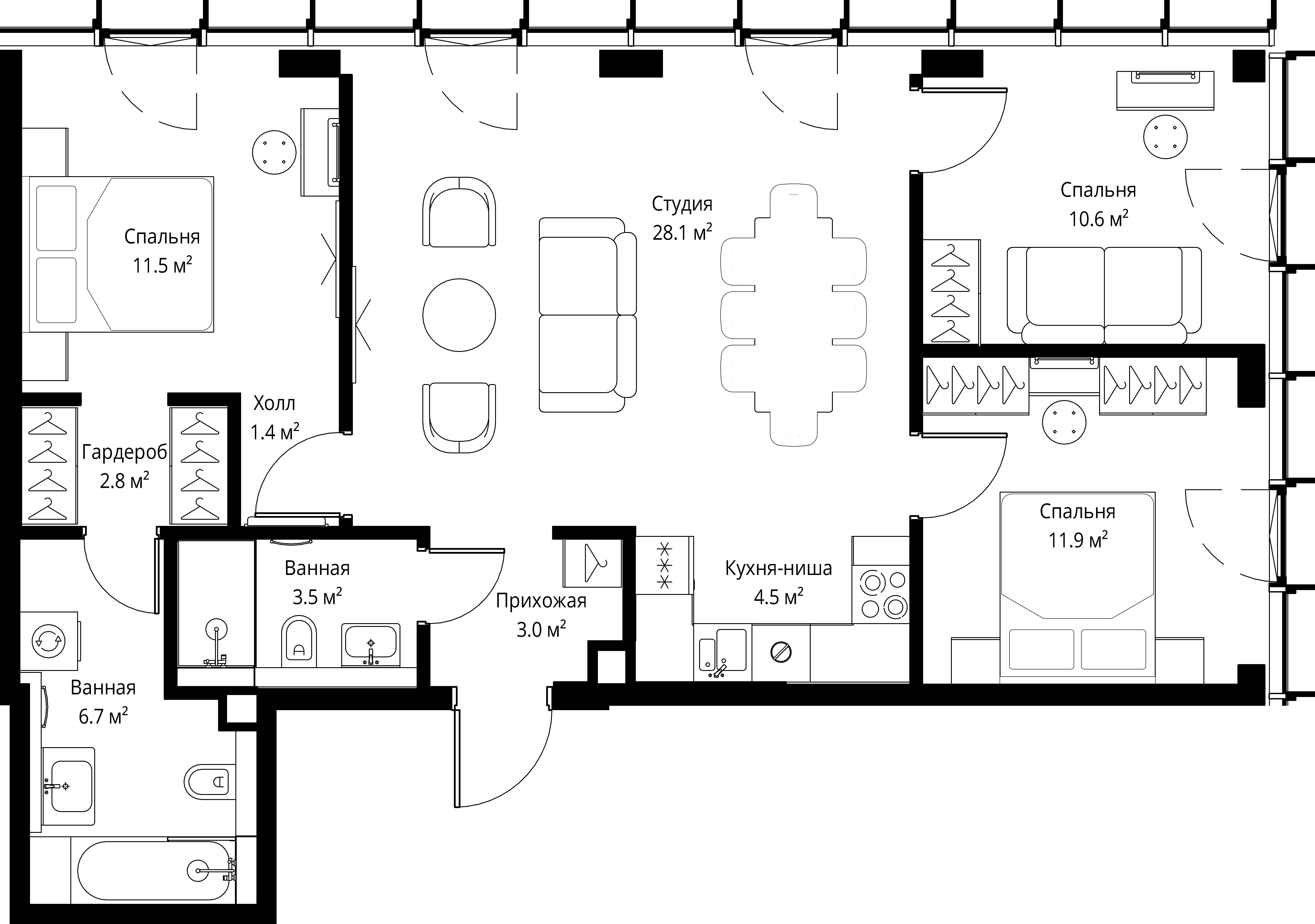 3 комн. квартира, 84 м², 27 этаж 