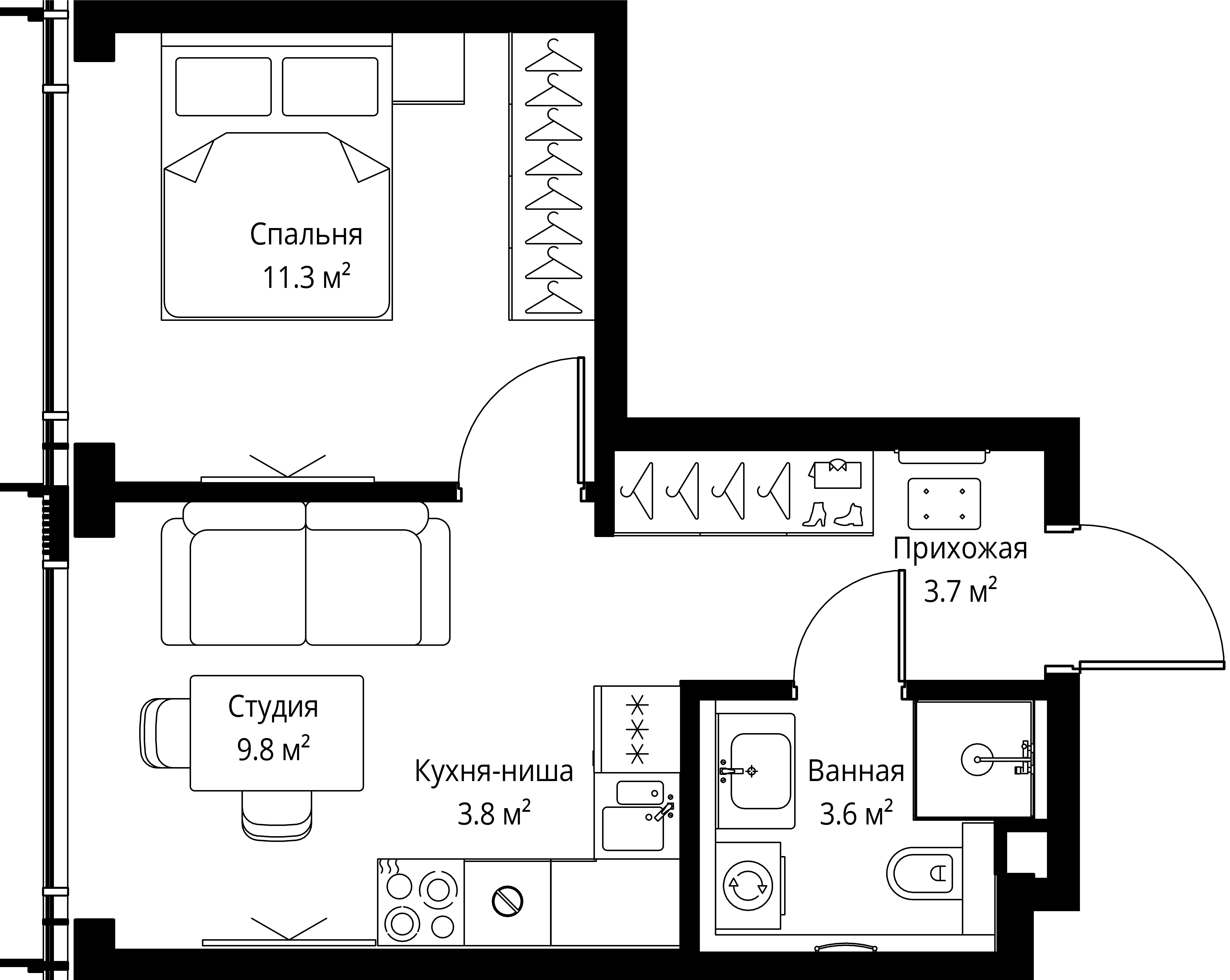 1 комн. квартира, 32.2 м², 32 этаж 