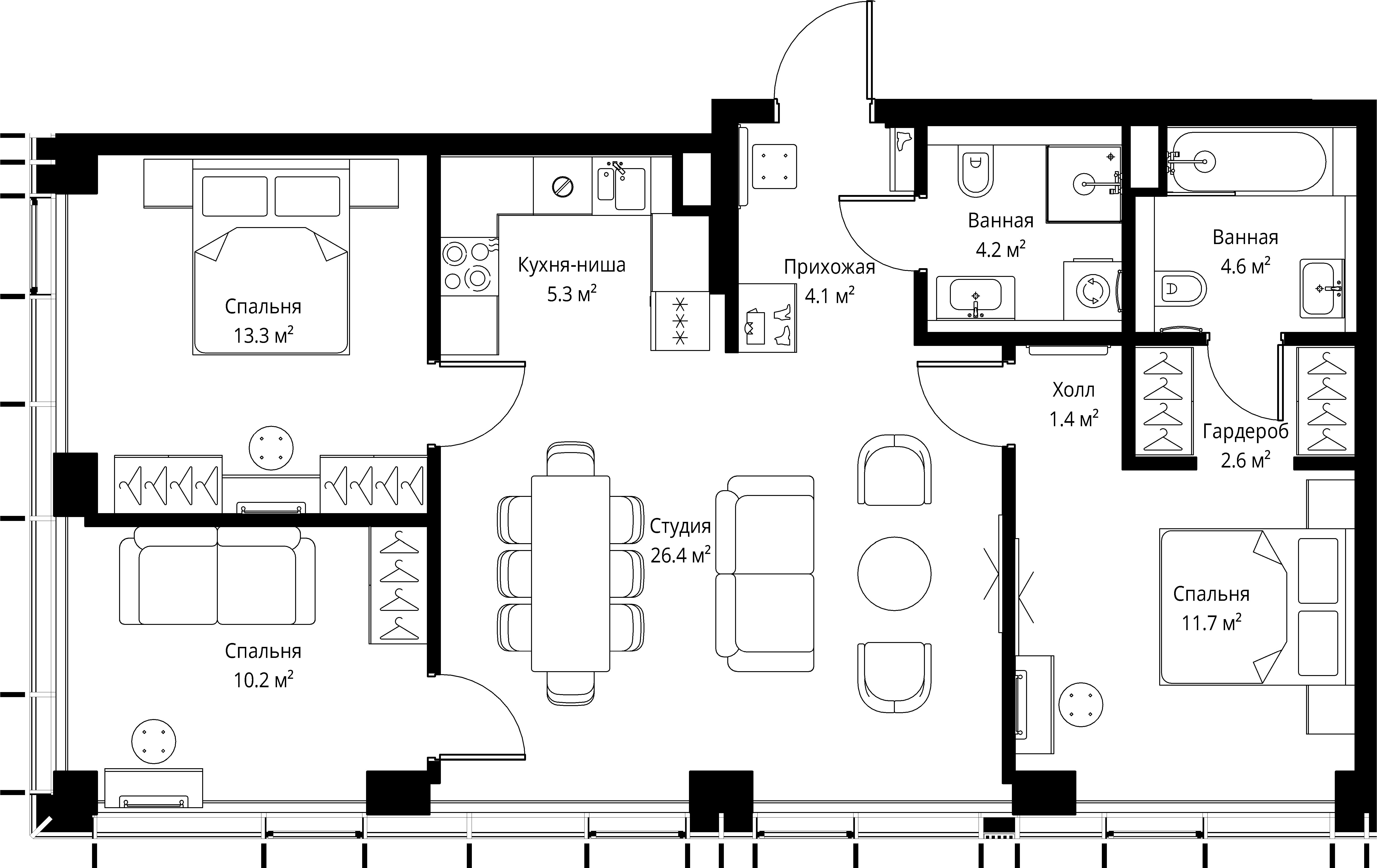 3 комн. квартира, 83.8 м², 22 этаж 