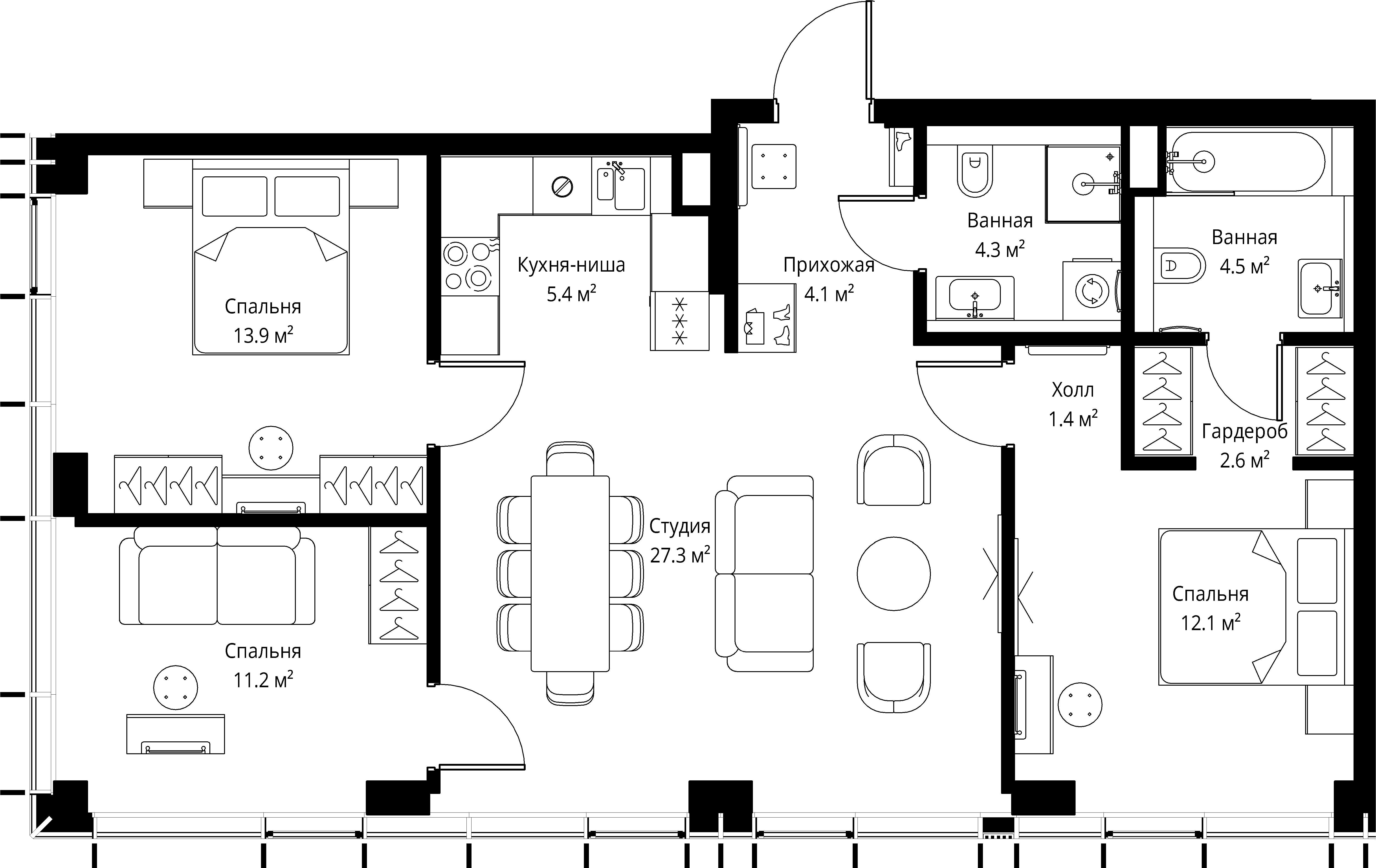 3 комн. квартира, 86.8 м², 31 этаж 