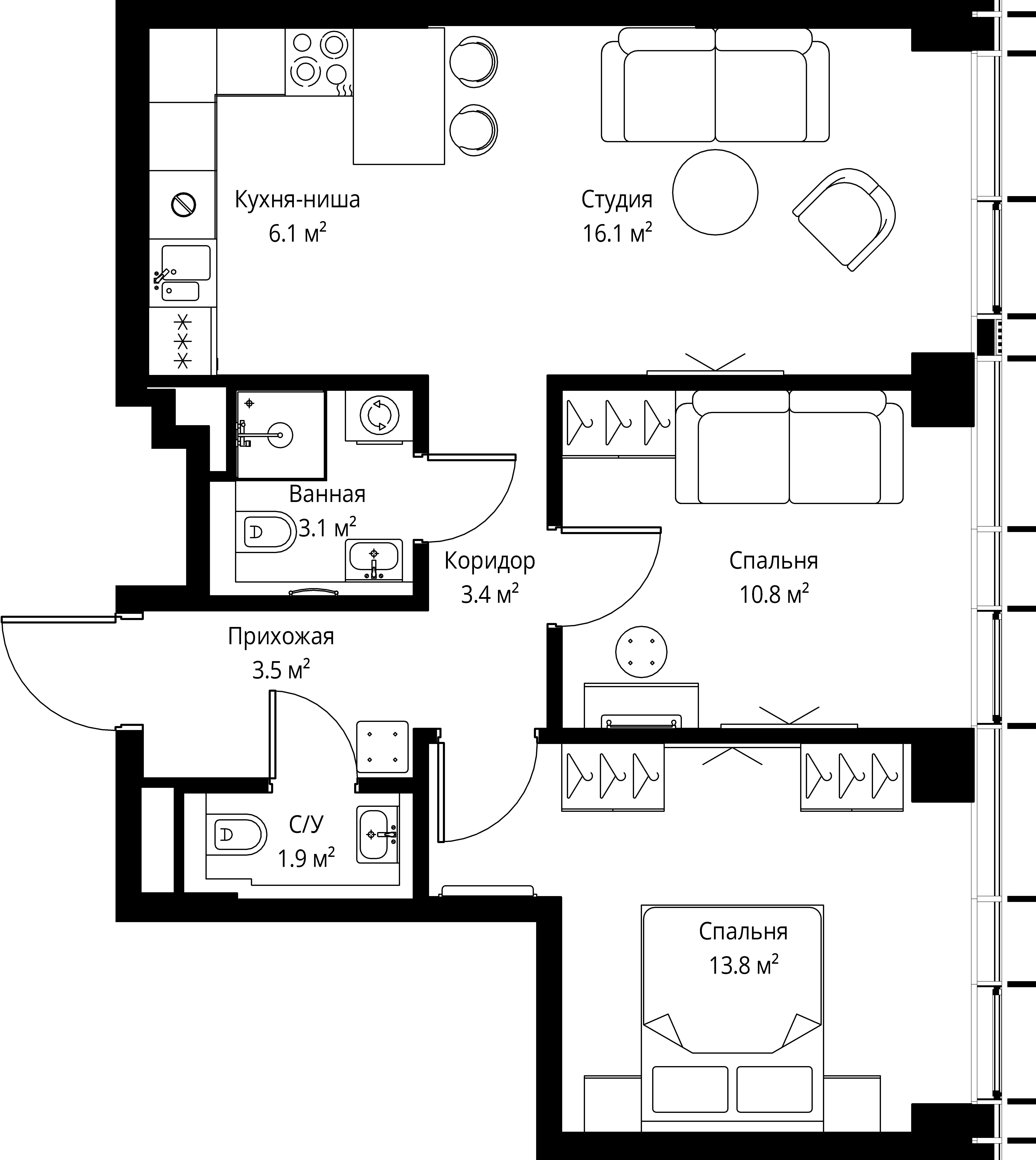 2 комн. квартира, 58.7 м², 5 этаж 