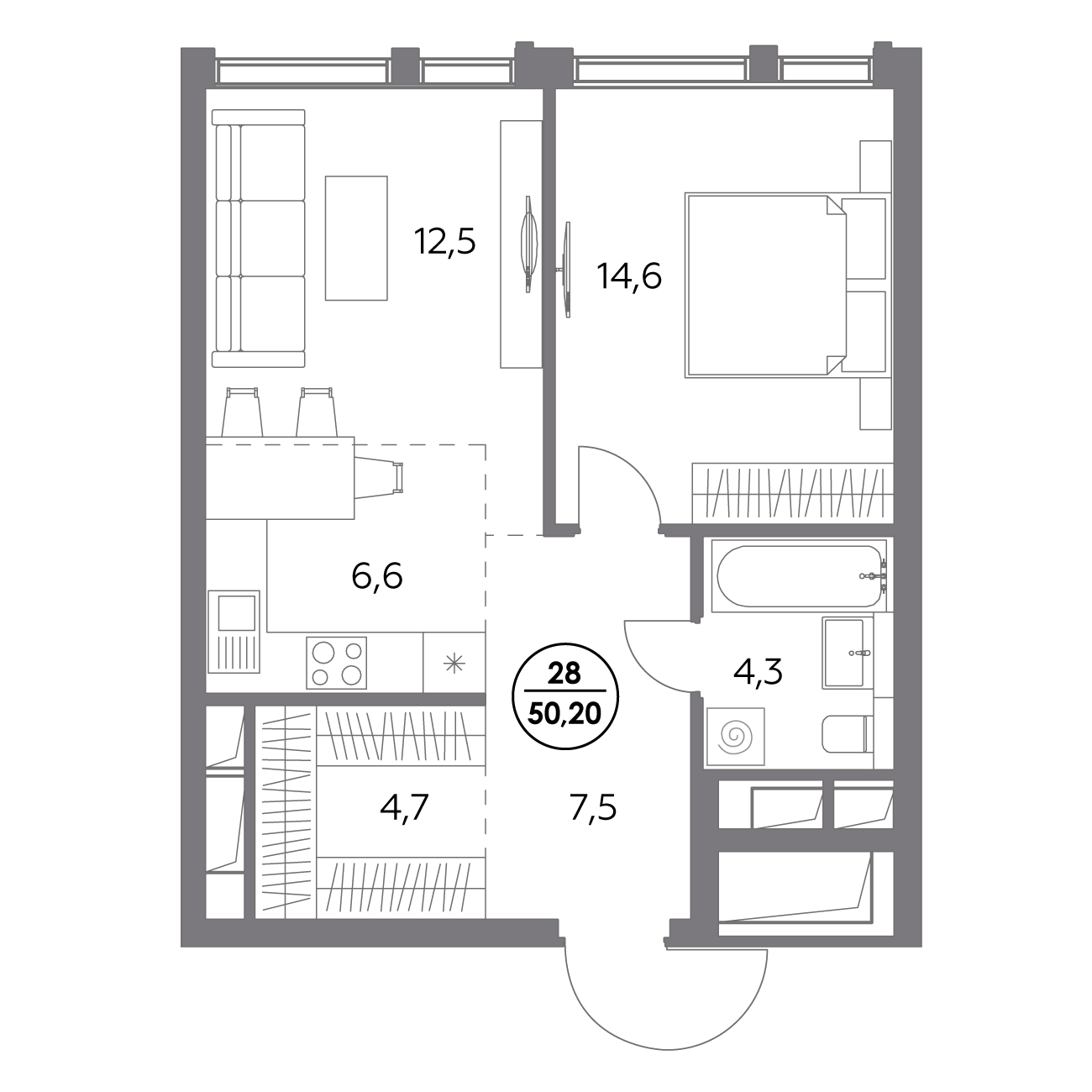 1 комн. квартира, 50.2 м², 6 этаж 