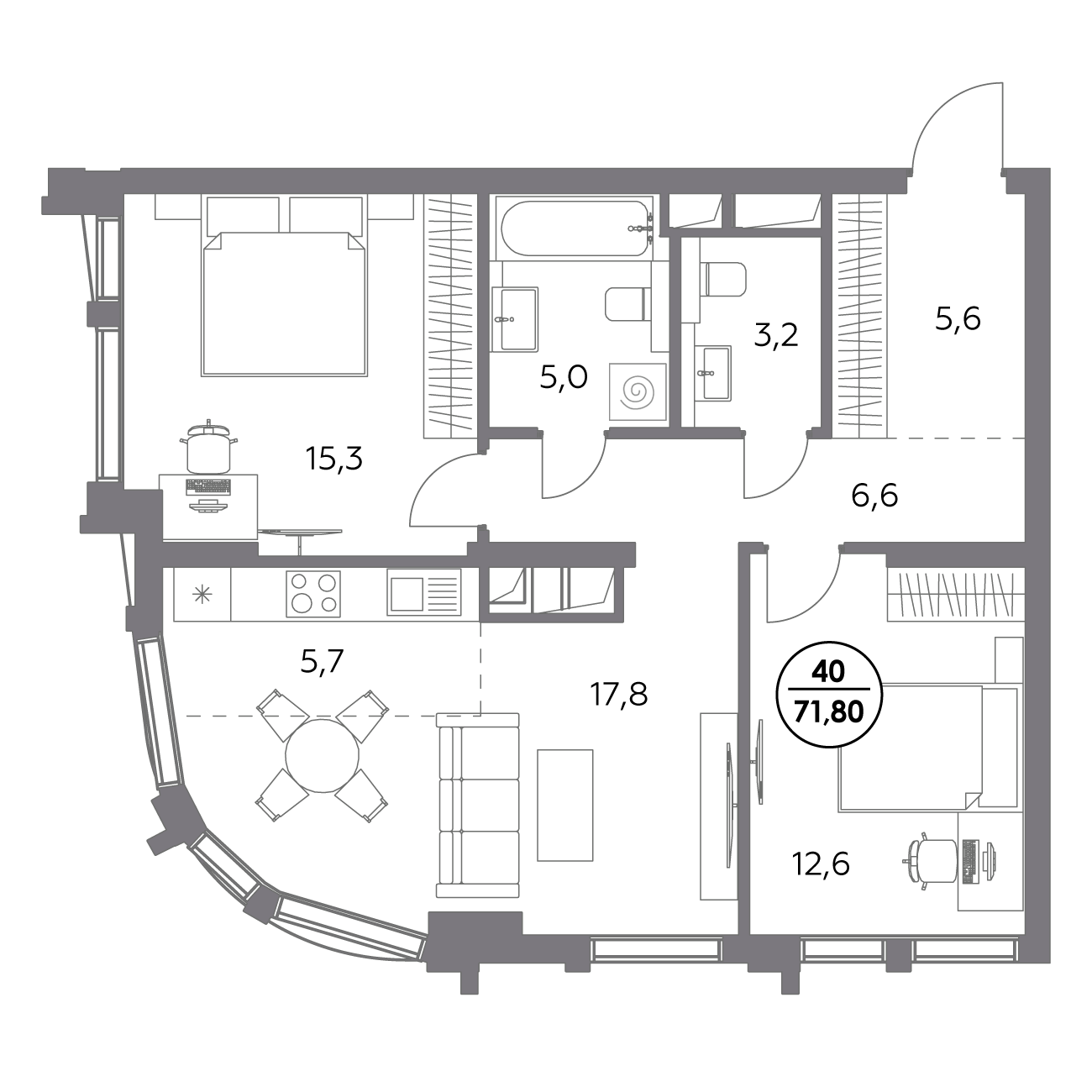 2 комн. квартира, 71.8 м², 8 этаж 