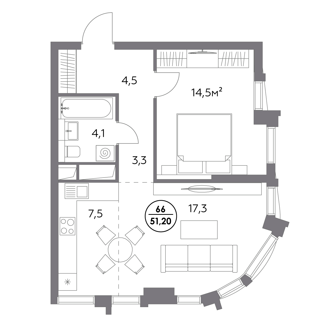 1 комн. квартира, 51.2 м², 11 этаж 
