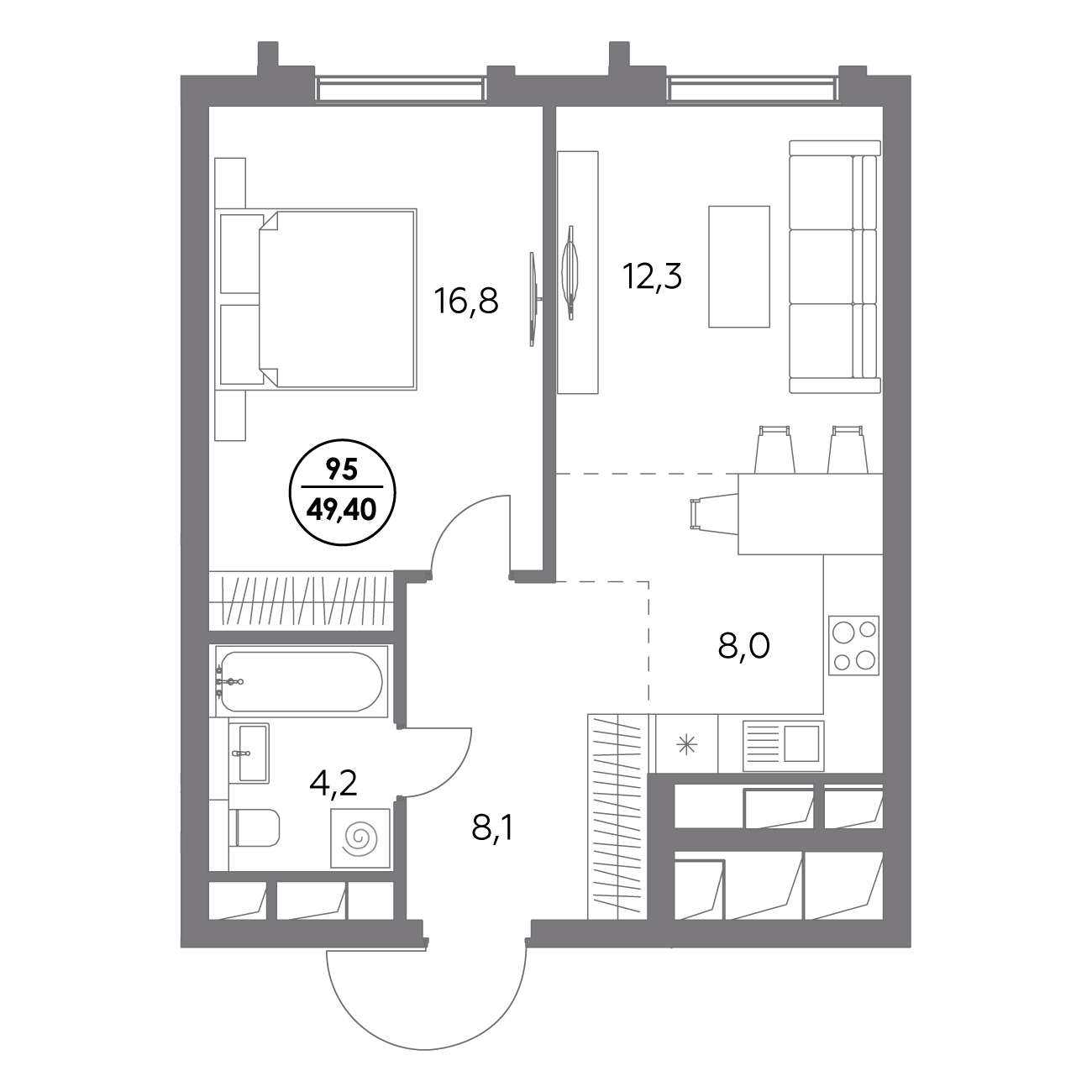 1 комн. квартира, 49.4 м², 16 этаж 