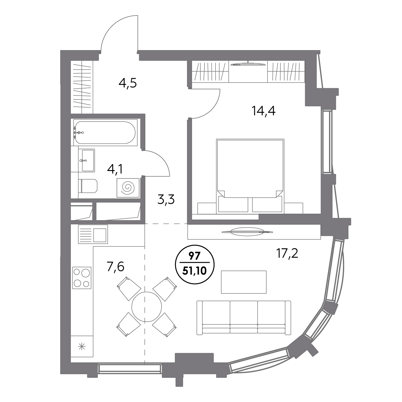1 комн. квартира, 51.1 м², 16 этаж 