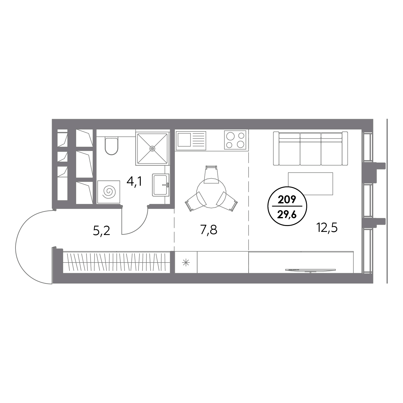 студия, 29.6 м², 11 этаж 
