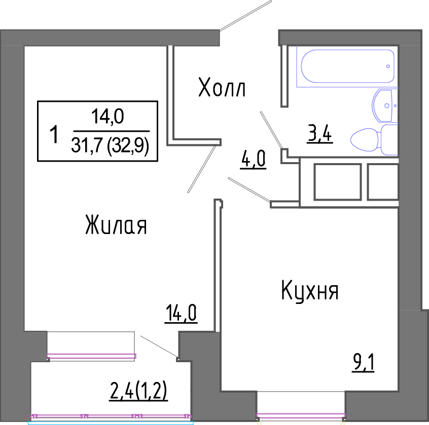 1 комн. квартира, 32.4 м², 4 этаж 