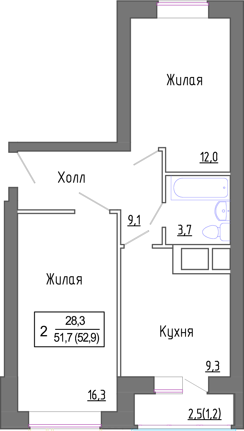 2 комн. квартира, 51.8 м², 3 этаж 