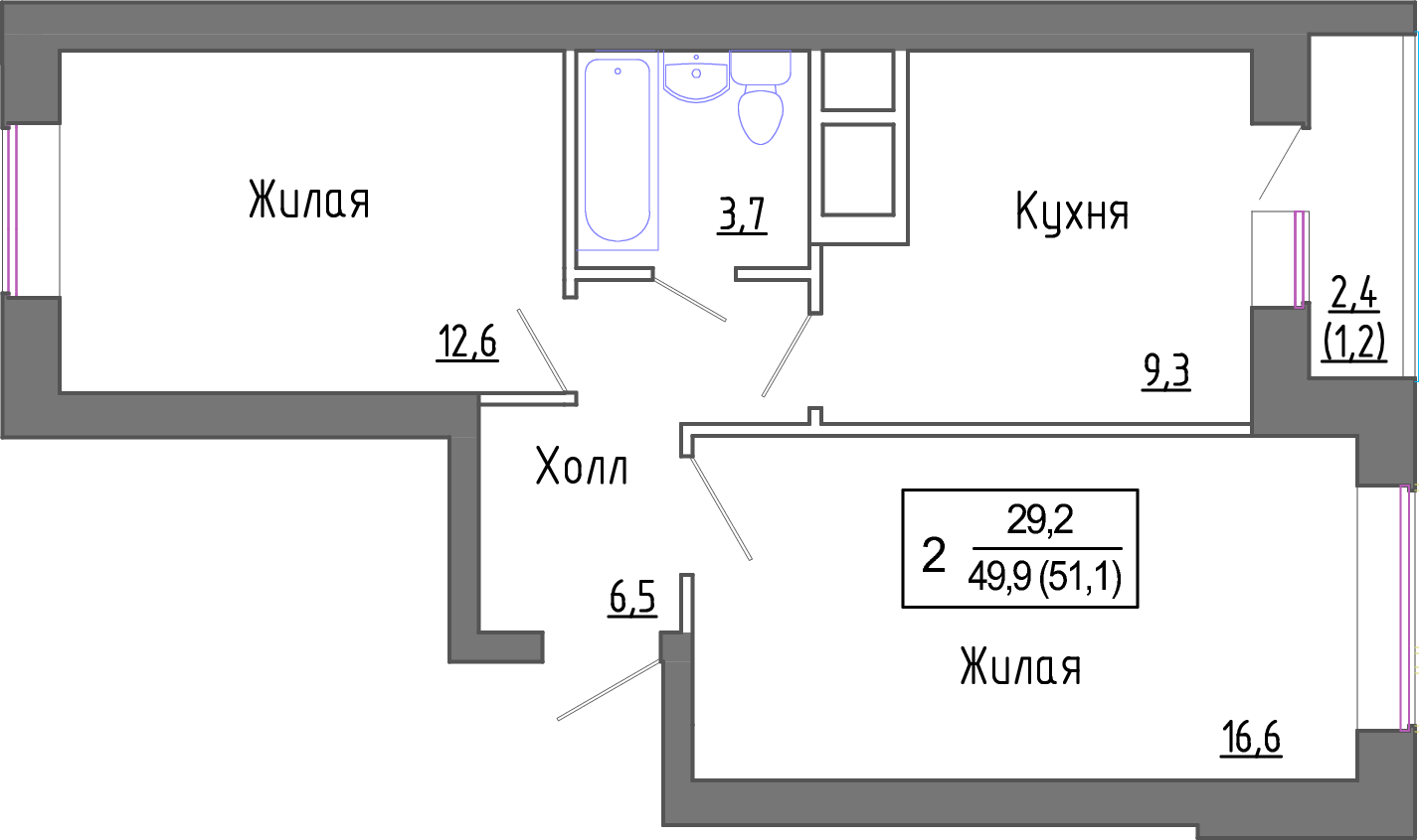 2 комн. квартира, 51.6 м², 2 этаж 