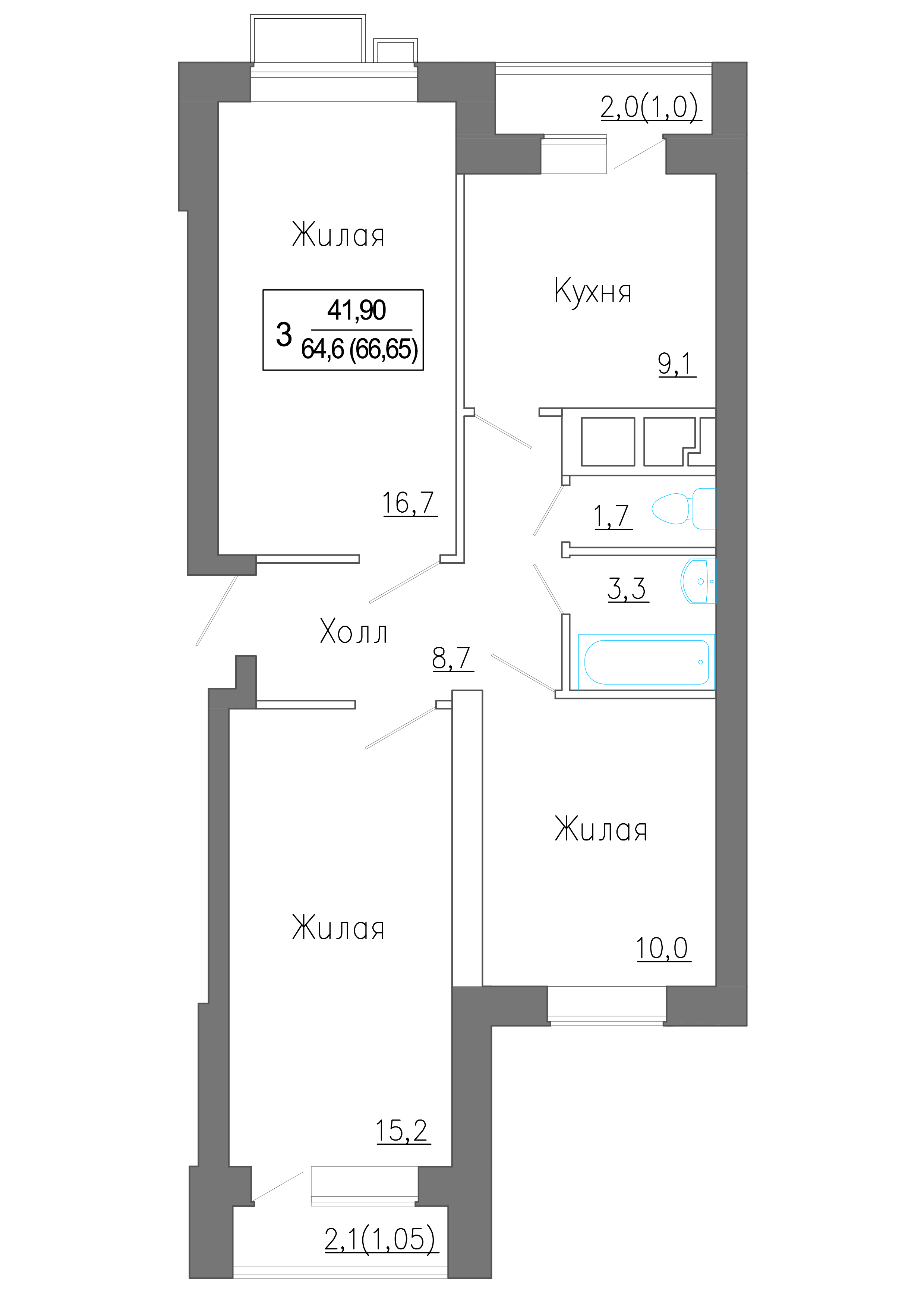 3 комн. квартира, 64.7 м², 1 этаж 