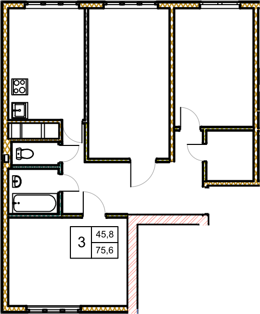 3 комн. квартира, 79.6 м², 5 этаж 