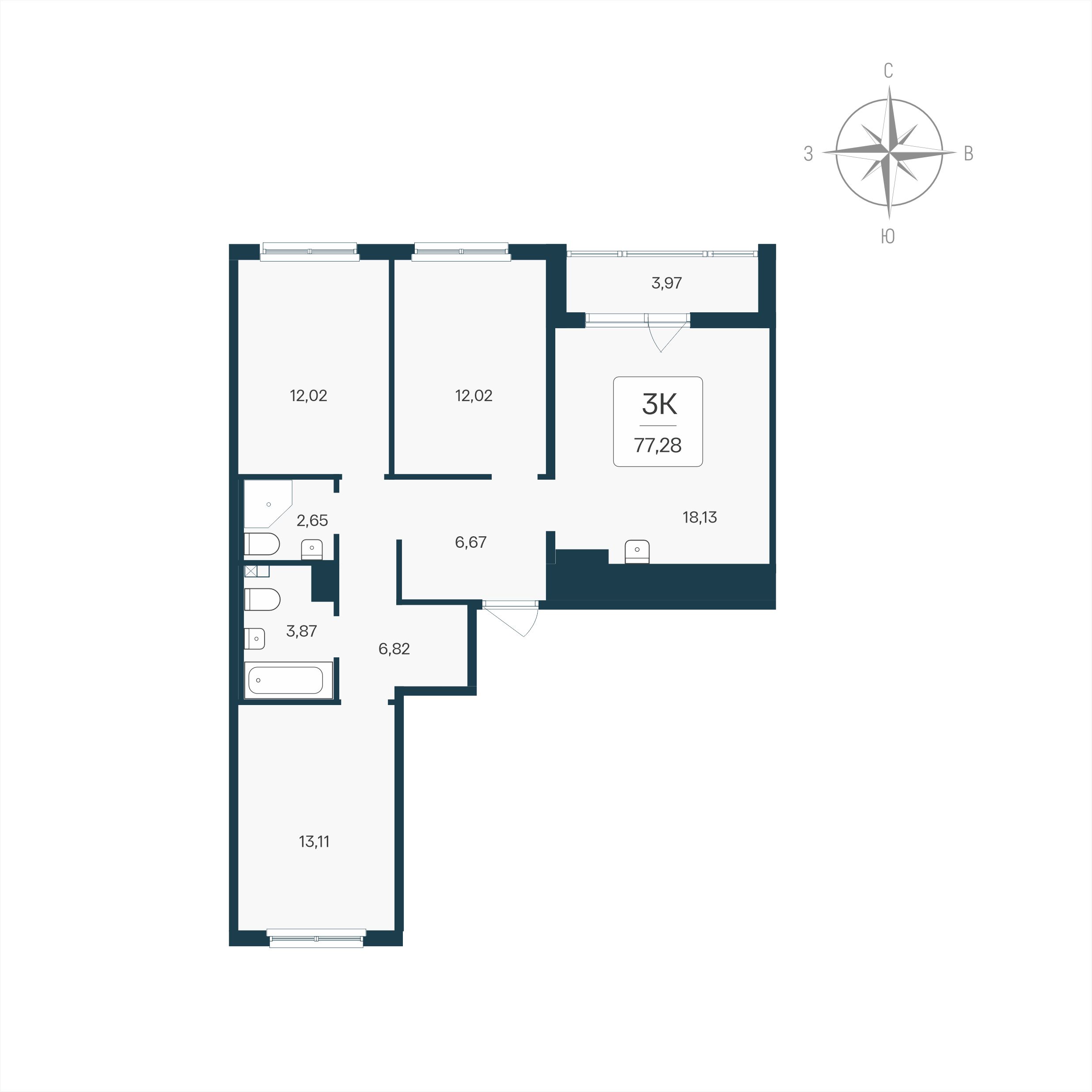 3 комн. квартира, 77.3 м², 4 этаж 