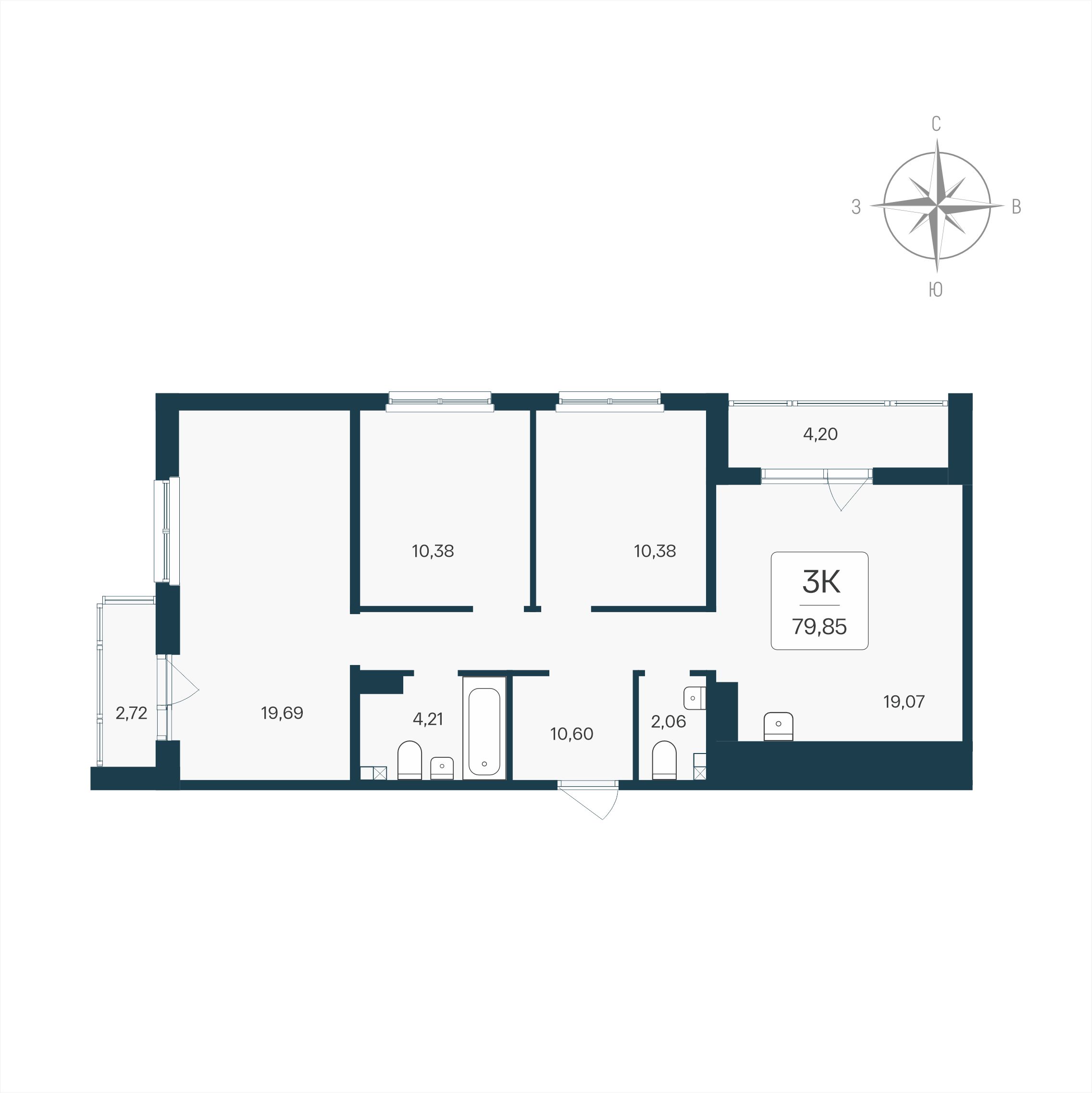 3 комн. квартира, 79.8 м², 4 этаж 