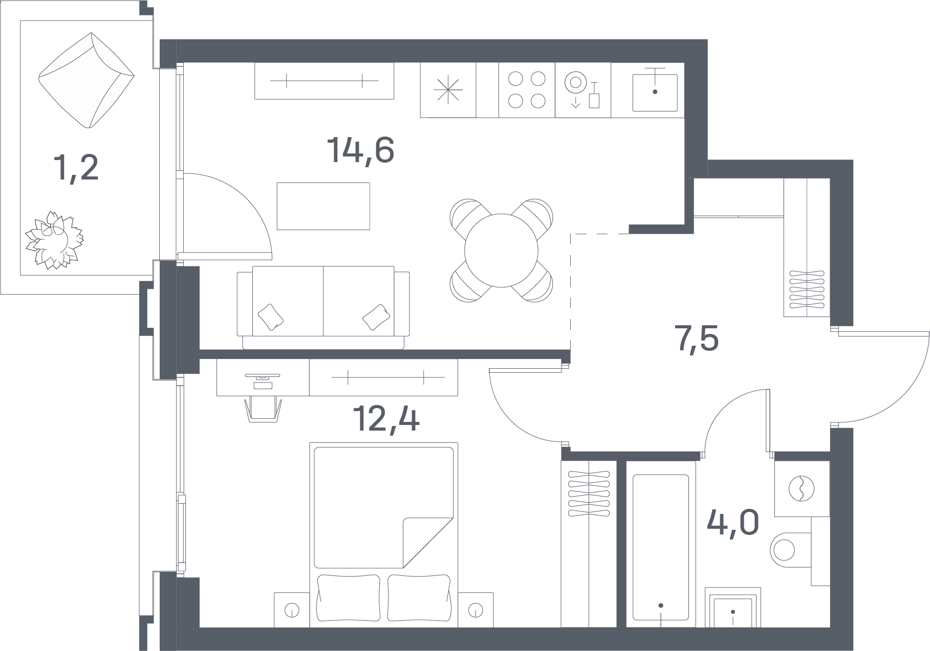 1 комн. квартира, 39.7 м², 12 этаж 