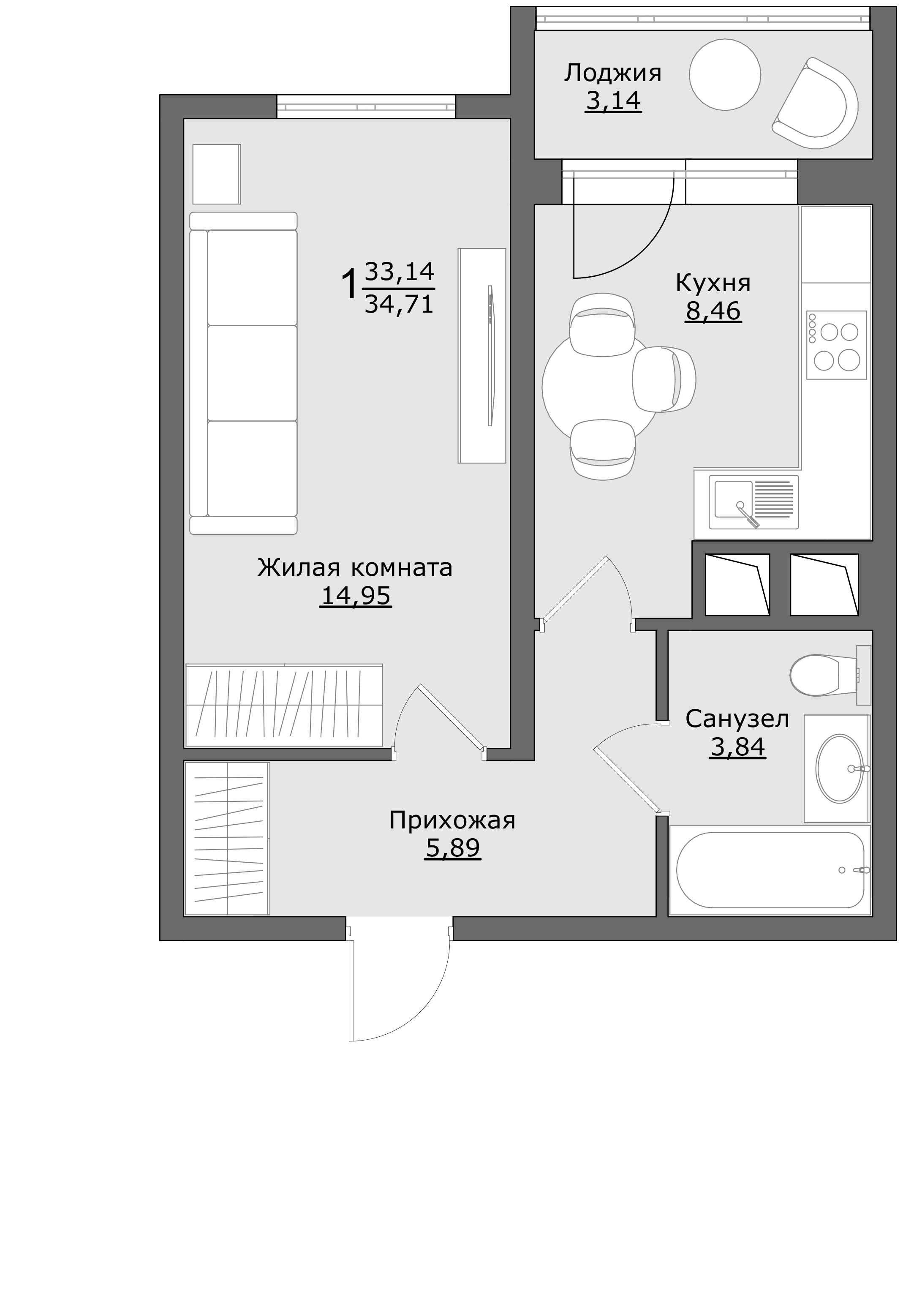 1 комн. квартира, 34.7 м², 6 этаж 
