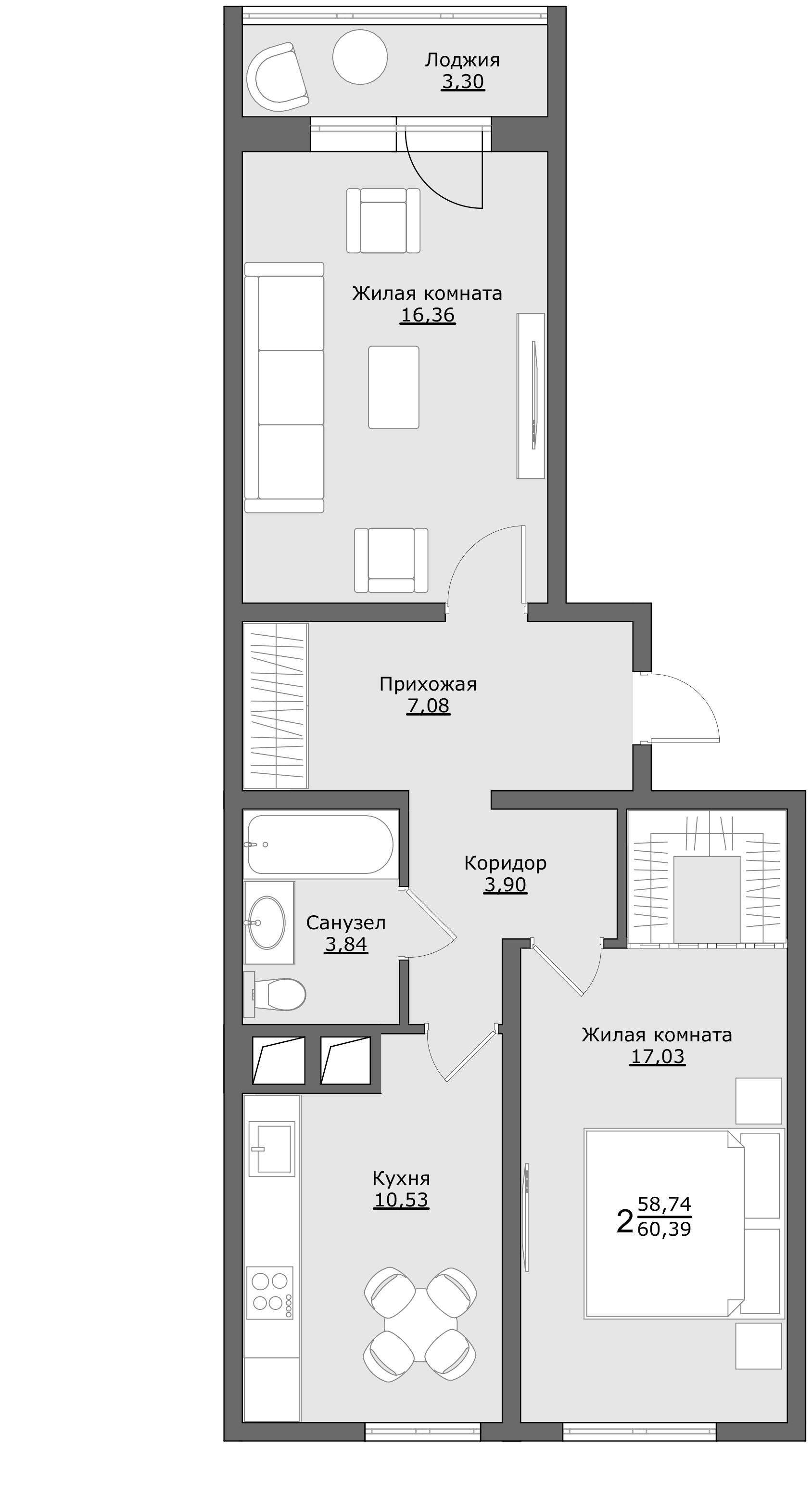 2 комн. квартира, 60.4 м², 2 этаж 
