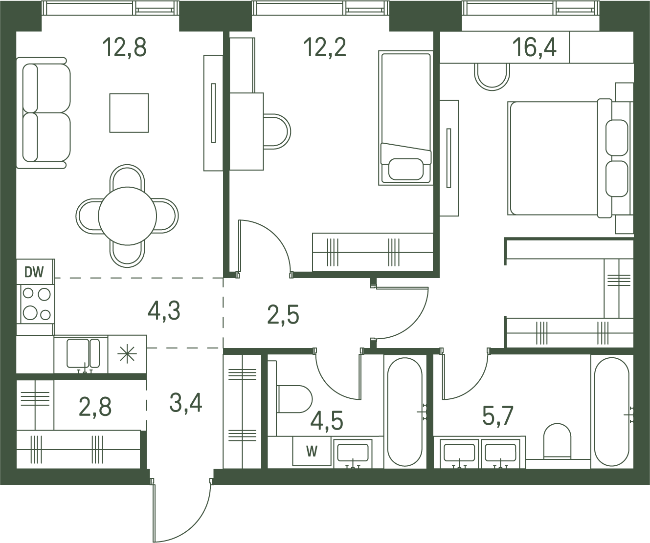 2 комн. квартира, 64.6 м², 35 этаж 
