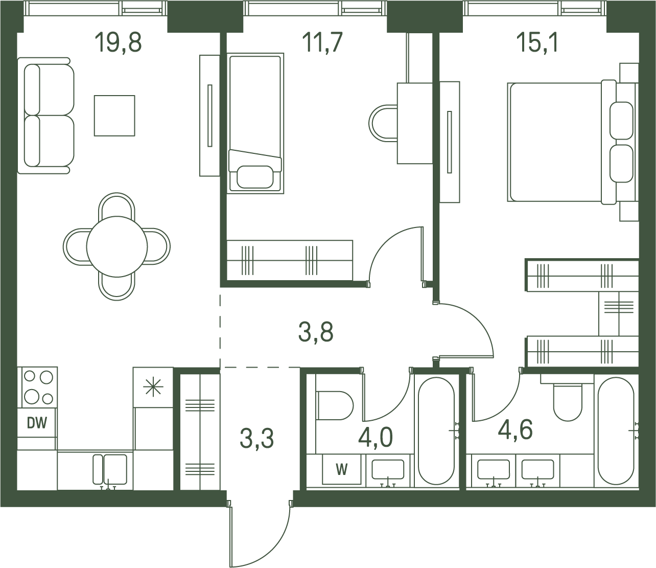 2 комн. квартира, 62.3 м², 30 этаж 