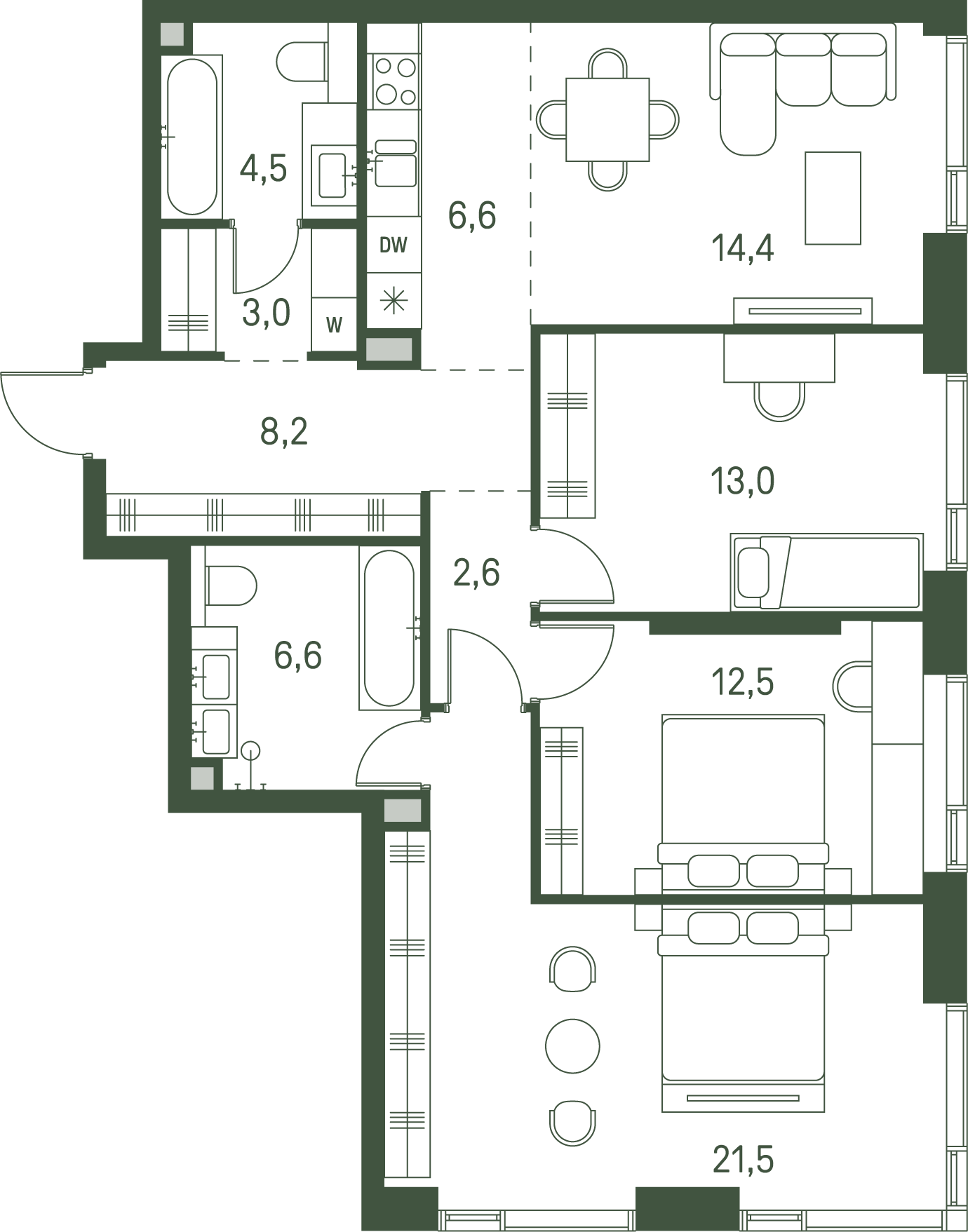 3 комн. квартира, 92.9 м², 17 этаж 