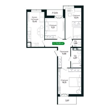 3 комн. квартира, 77 м², 4 этаж 