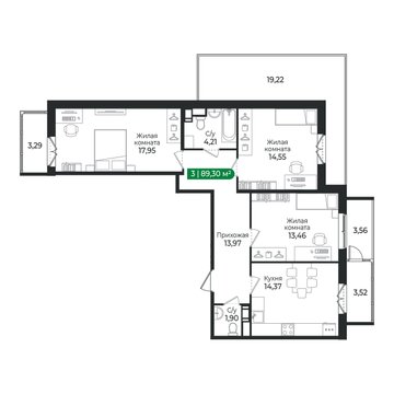 3 комн. квартира, 89.3 м², 3 этаж 