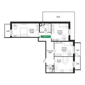 3 комн. квартира, 89.3 м², 5 этаж 