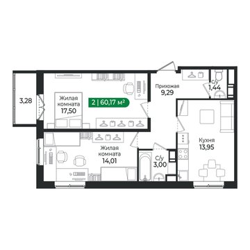 2 комн. квартира, 60.2 м², 5 этаж 