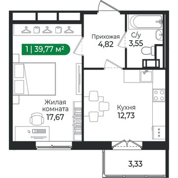 1 комн. квартира, 39.8 м², 3 этаж 