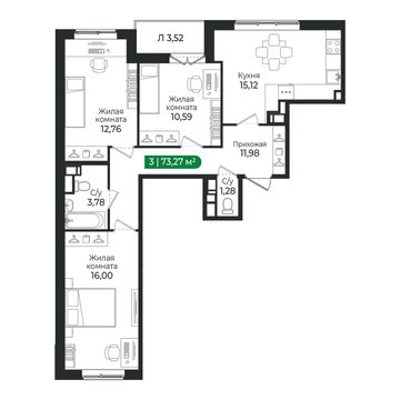 3 комн. квартира, 73.3 м², 8 этаж 