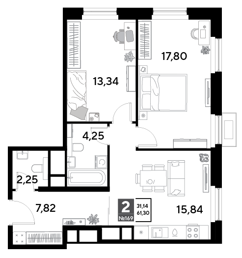 2 комн. квартира, 61.3 м², 16 этаж 