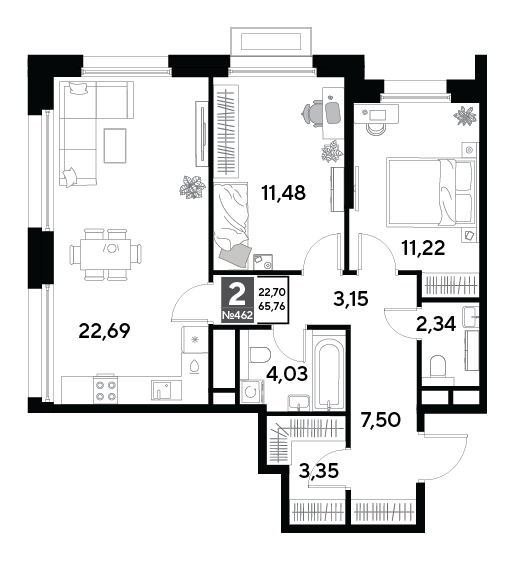 2 комн. квартира, 65.8 м², 16 этаж 