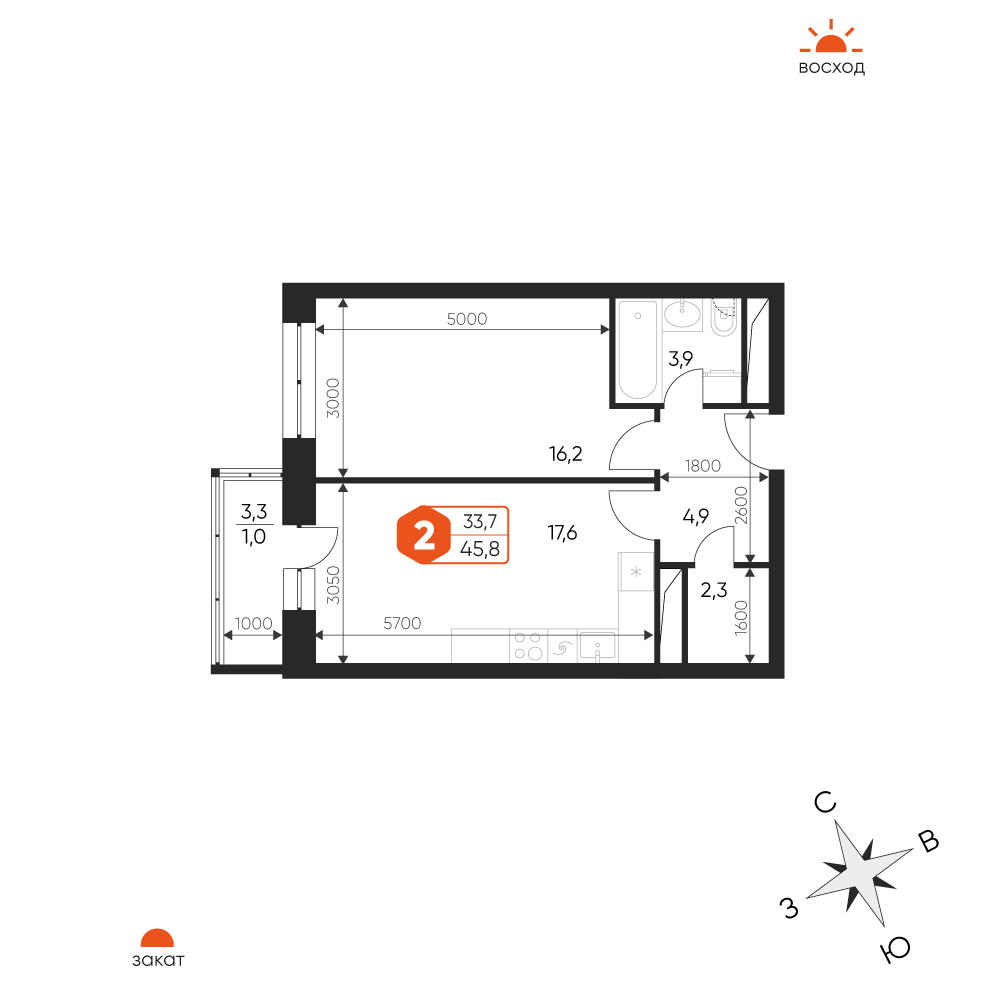 2 комн. квартира, 45.8 м², 7 этаж 