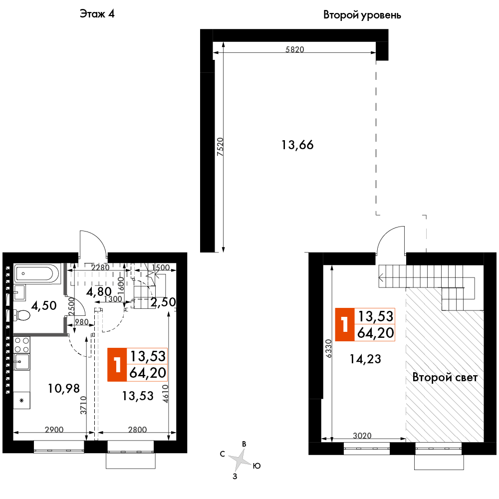 2 комн. квартира, 65.1 м², 4 этаж 