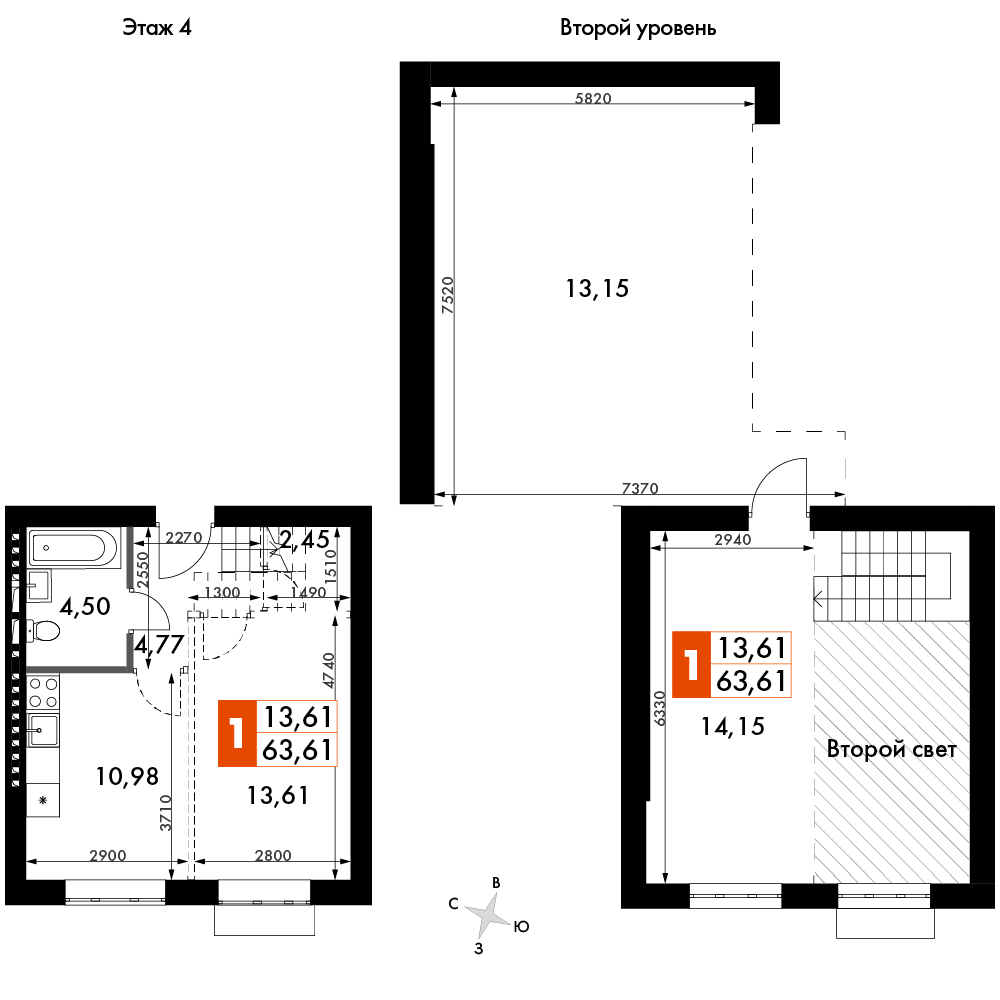 2 комн. квартира, 63.4 м², 4 этаж 