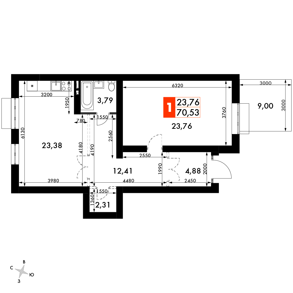 2 комн. квартира, 72.5 м², 1 этаж 