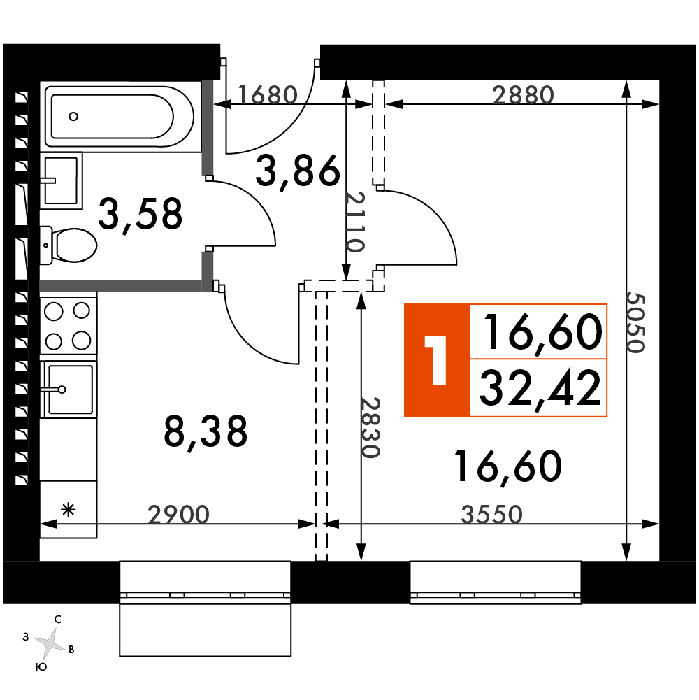 1 комн. квартира, 32.5 м², 4 этаж 