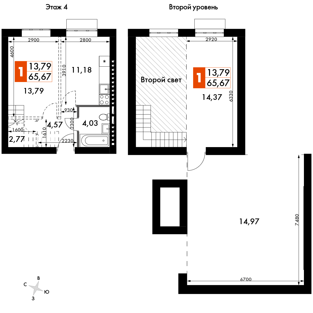 2 комн. квартира, 65.8 м², 4 этаж 