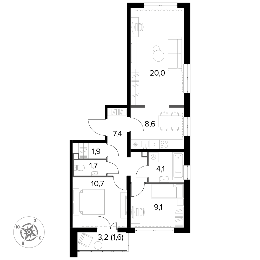 3 комн. квартира, 65 м², 16 этаж 