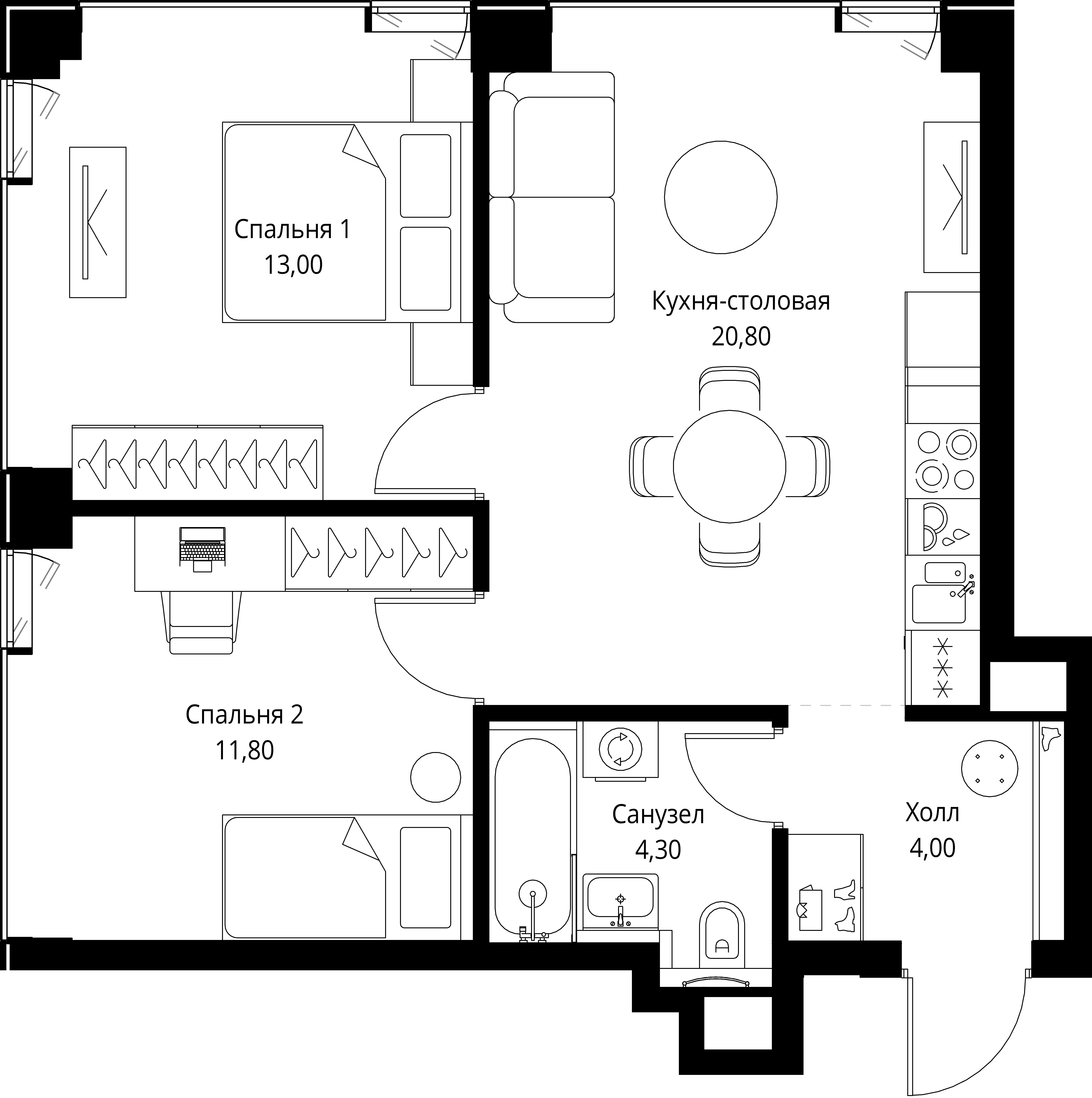 2 комн. квартира, 53.9 м², 10 этаж 