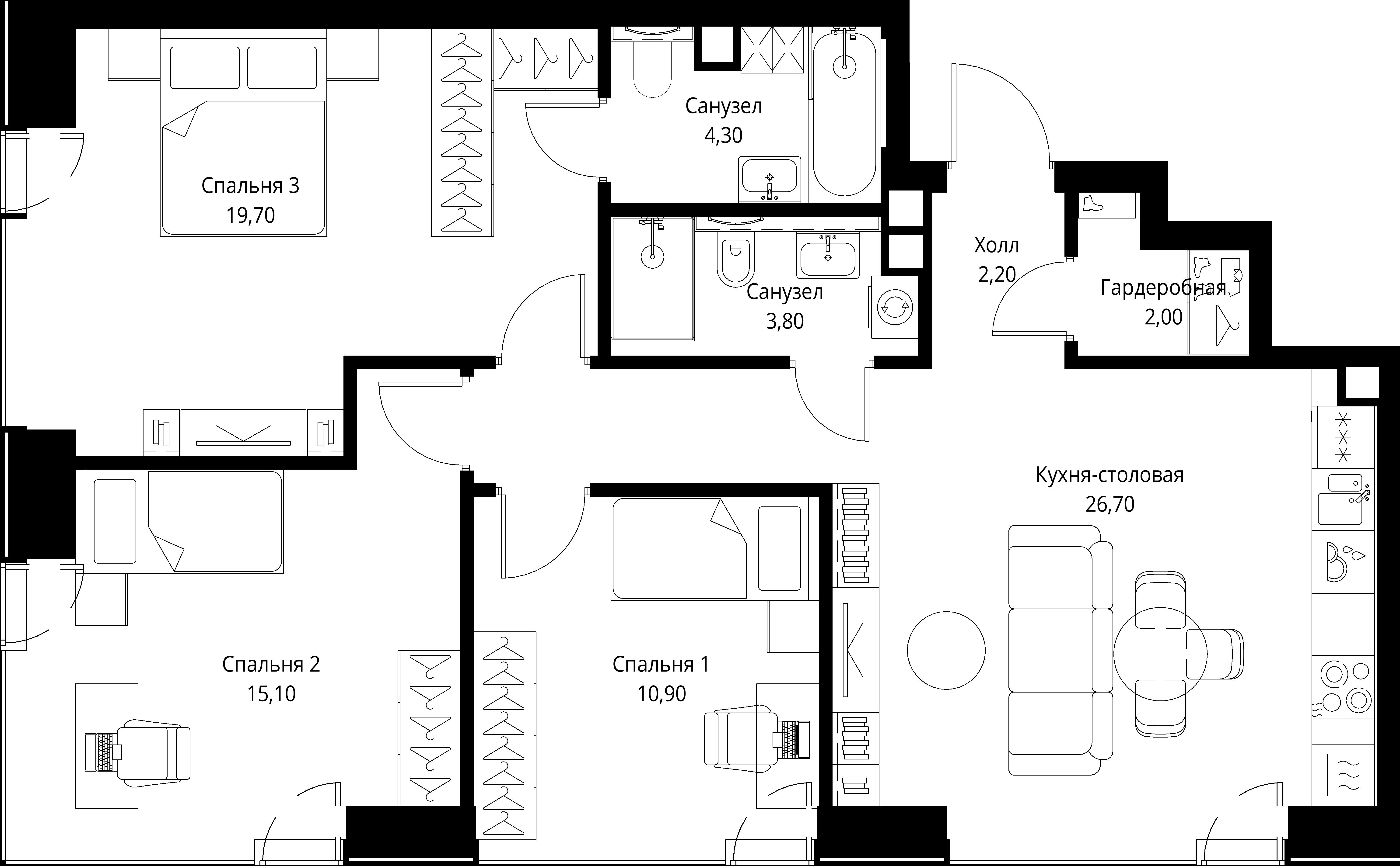 3 комн. квартира, 84.7 м², 34 этаж 